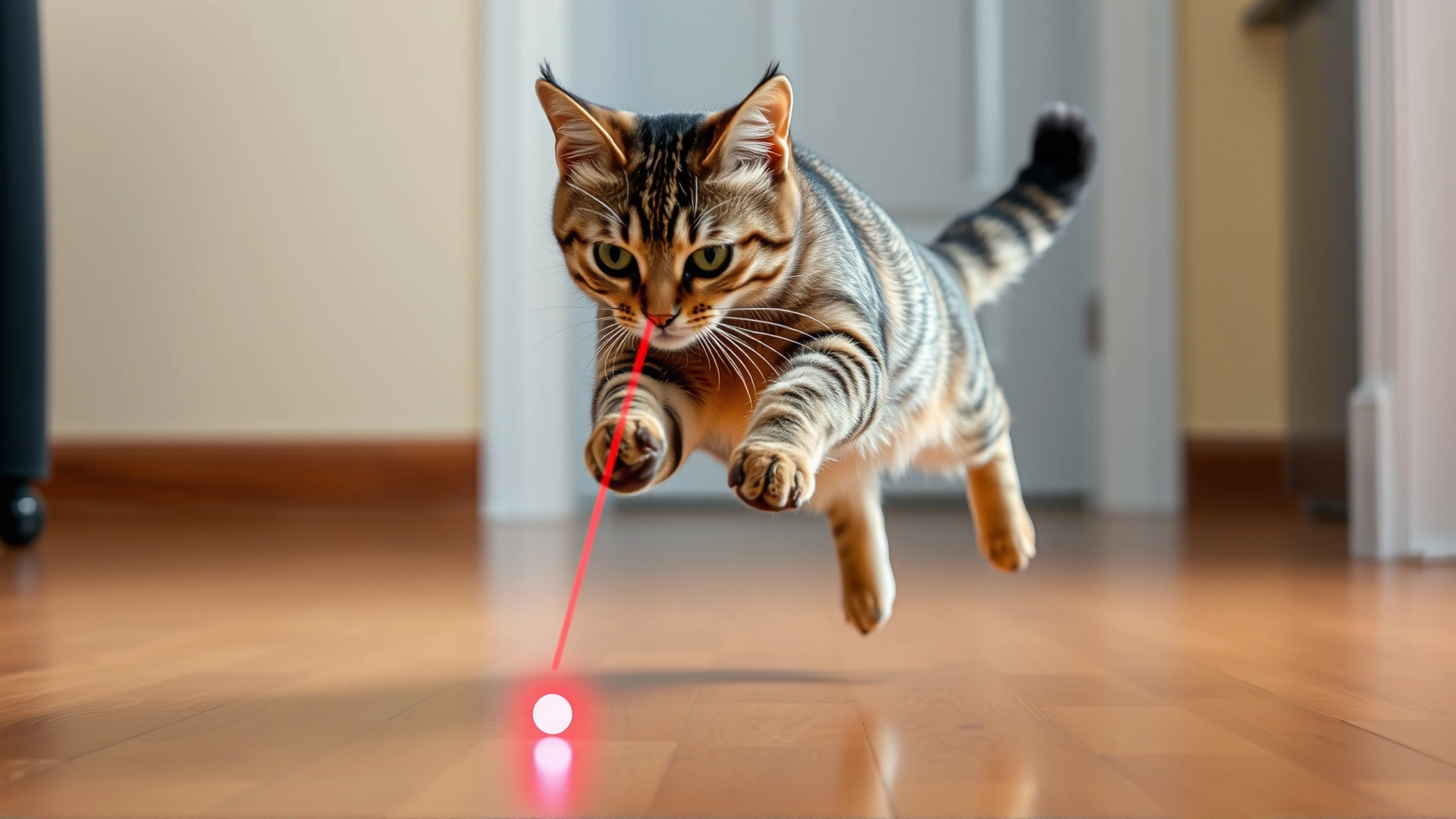 Domestic short-haired tabby cat leaping mid-air trying to catch a red laser dot on a hardwood floor, slight motion blur emphasizing action, no humans in frame