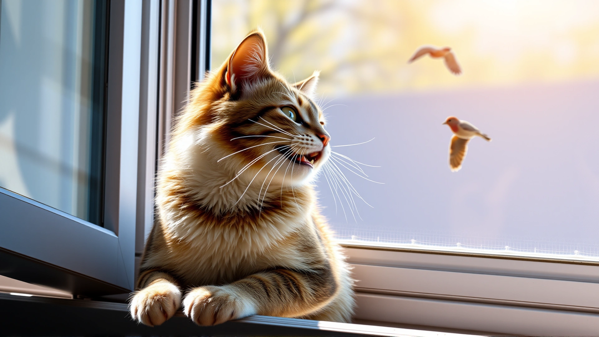 Domestic cat perched on window ledge, mouth slightly open in chattering motion while staring at birds outside, sunny day