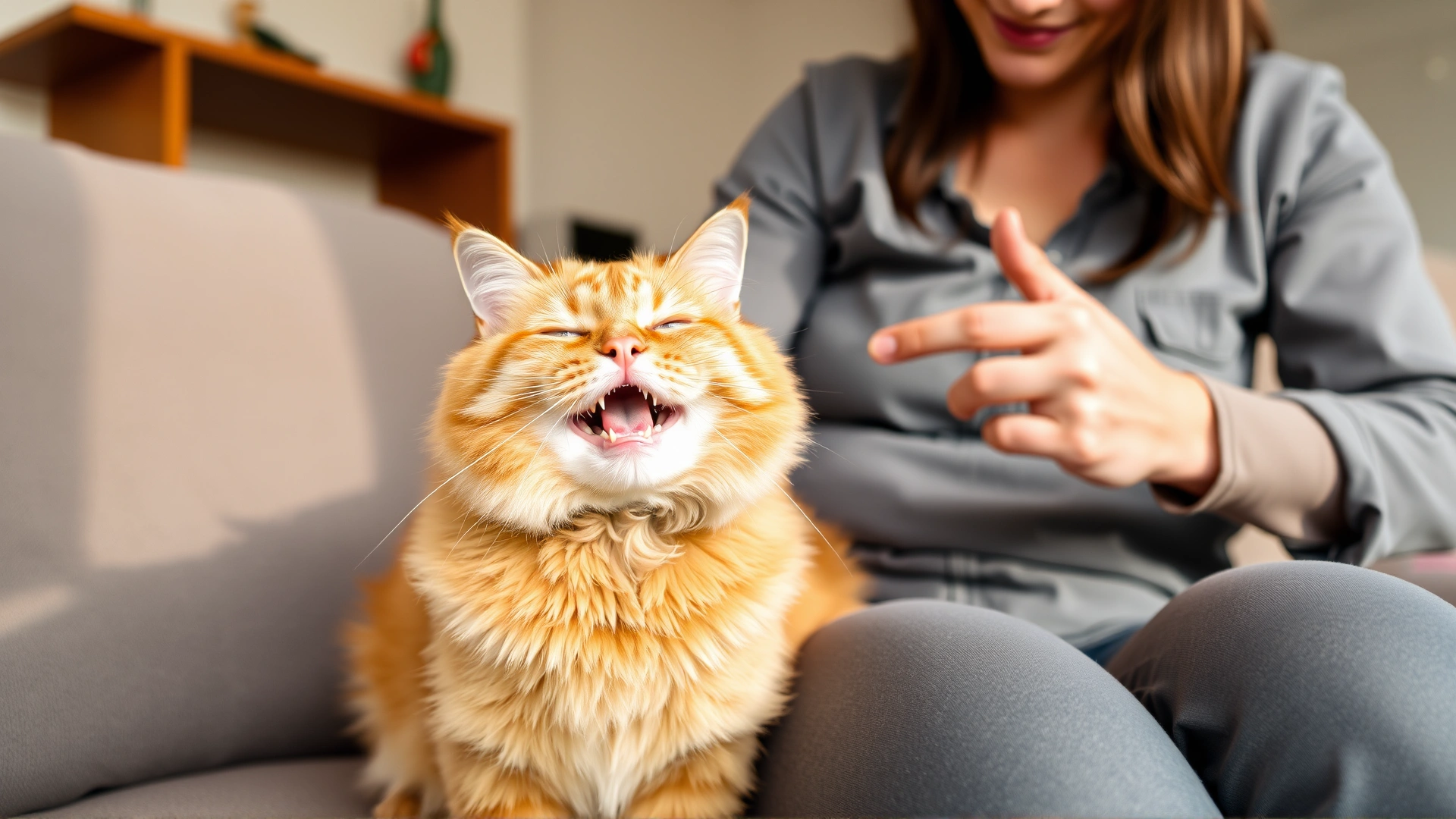Happy pet owner brushing an orange domestic cat on a living-room sofa while checking for ticks, warm natural lighting, no text.
