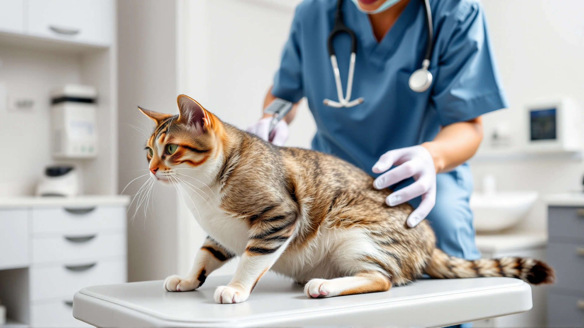 Domestic short hair cat being examined by a veterinarian on an exam table in a bright, modern clinic, focus on the cat's abdomen, no text