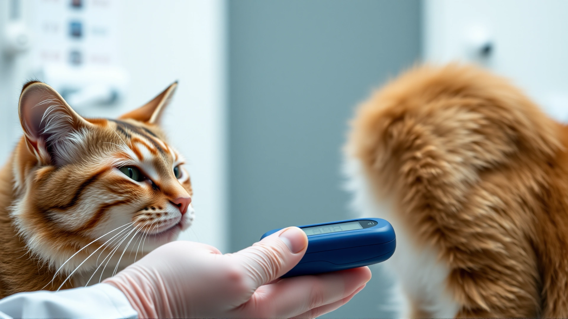 Vet measuring blood glucose of a calm cat using a handheld glucometer, clinic background slightly blurred.
