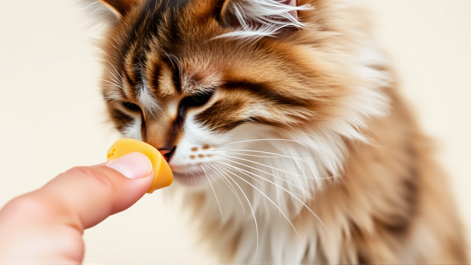 A fluffy cat sniffing a small cube of cheddar cheese held by a human hand, bright neutral background.