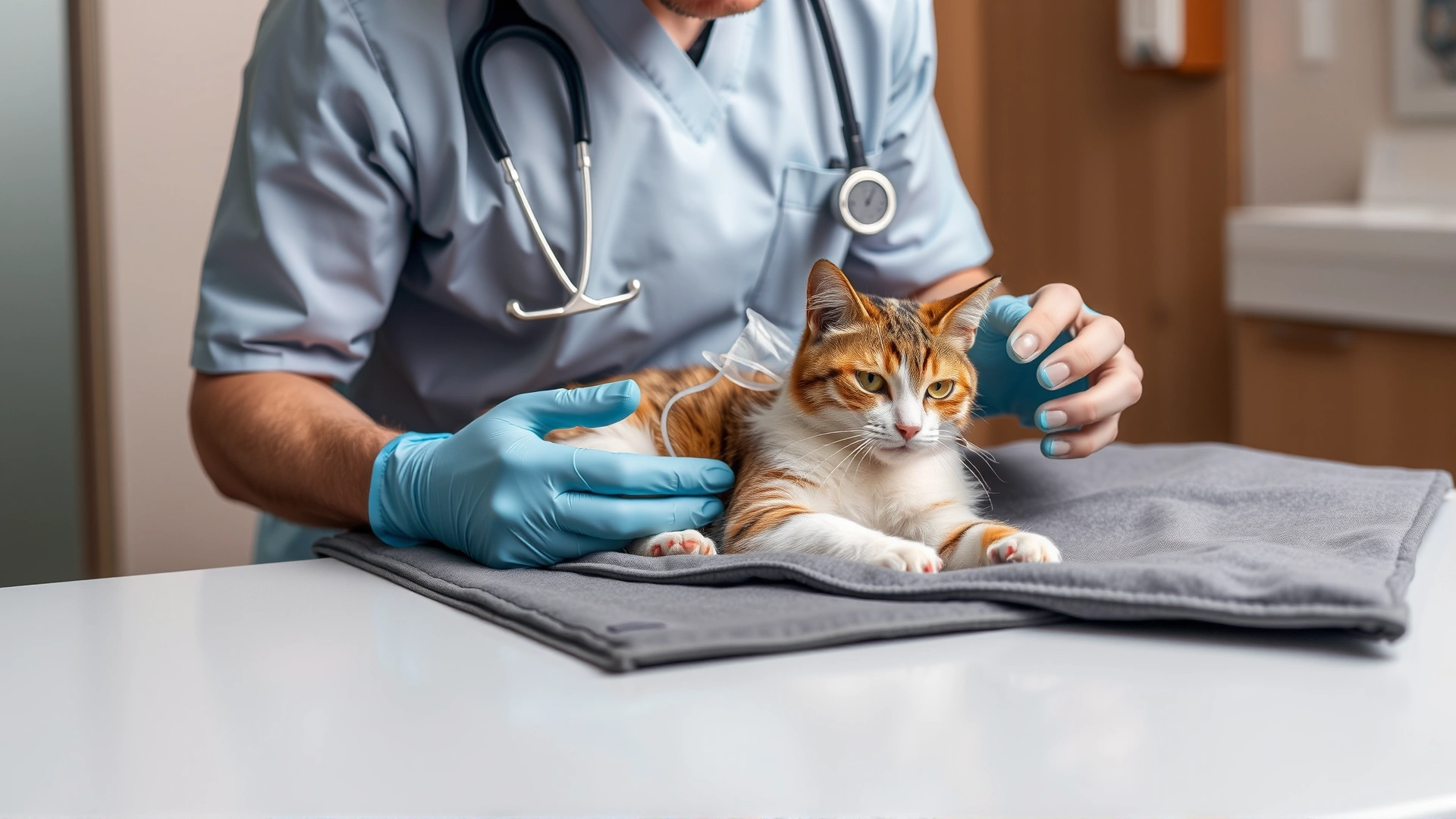 Veterinarian administering IV chemotherapy to a cat on a padded table, gentle and calm atmosphere, no text.