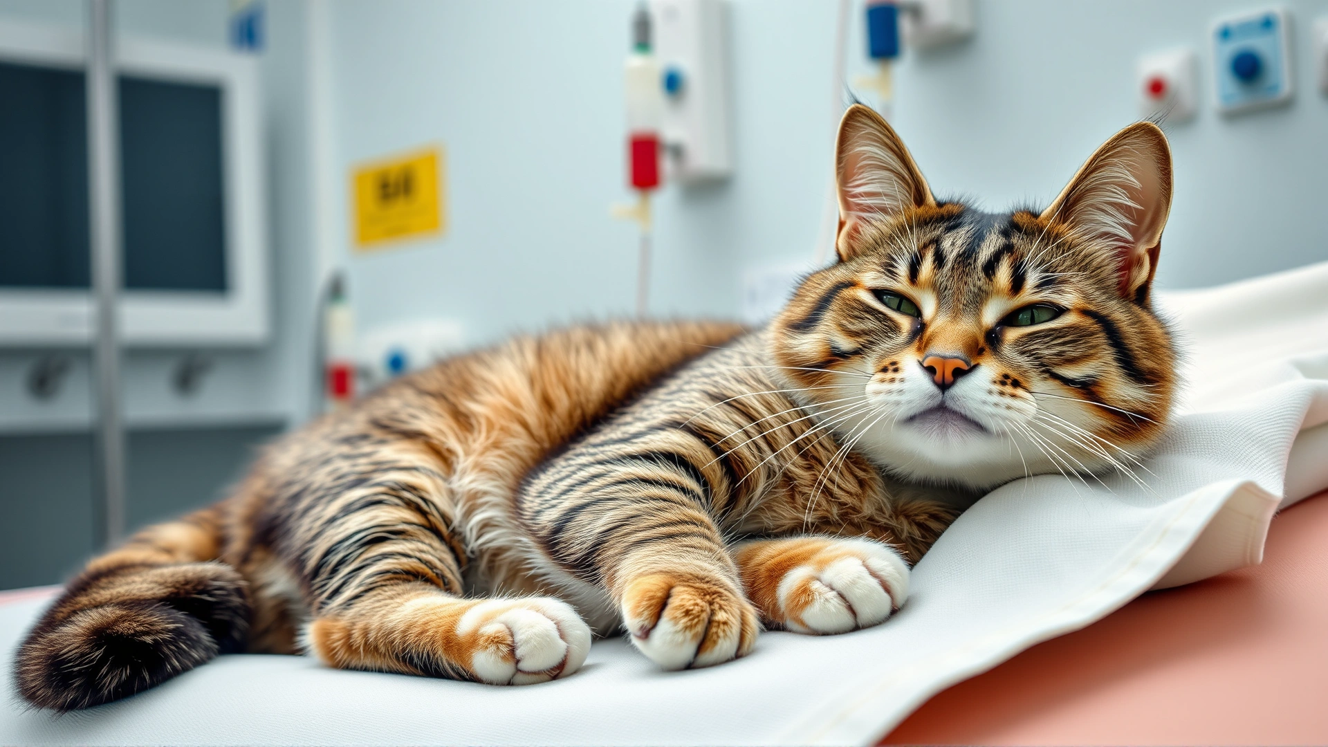Domestic cat resting comfortably while receiving intravenous therapy in a modern veterinary oncology ward, focus on calm and care