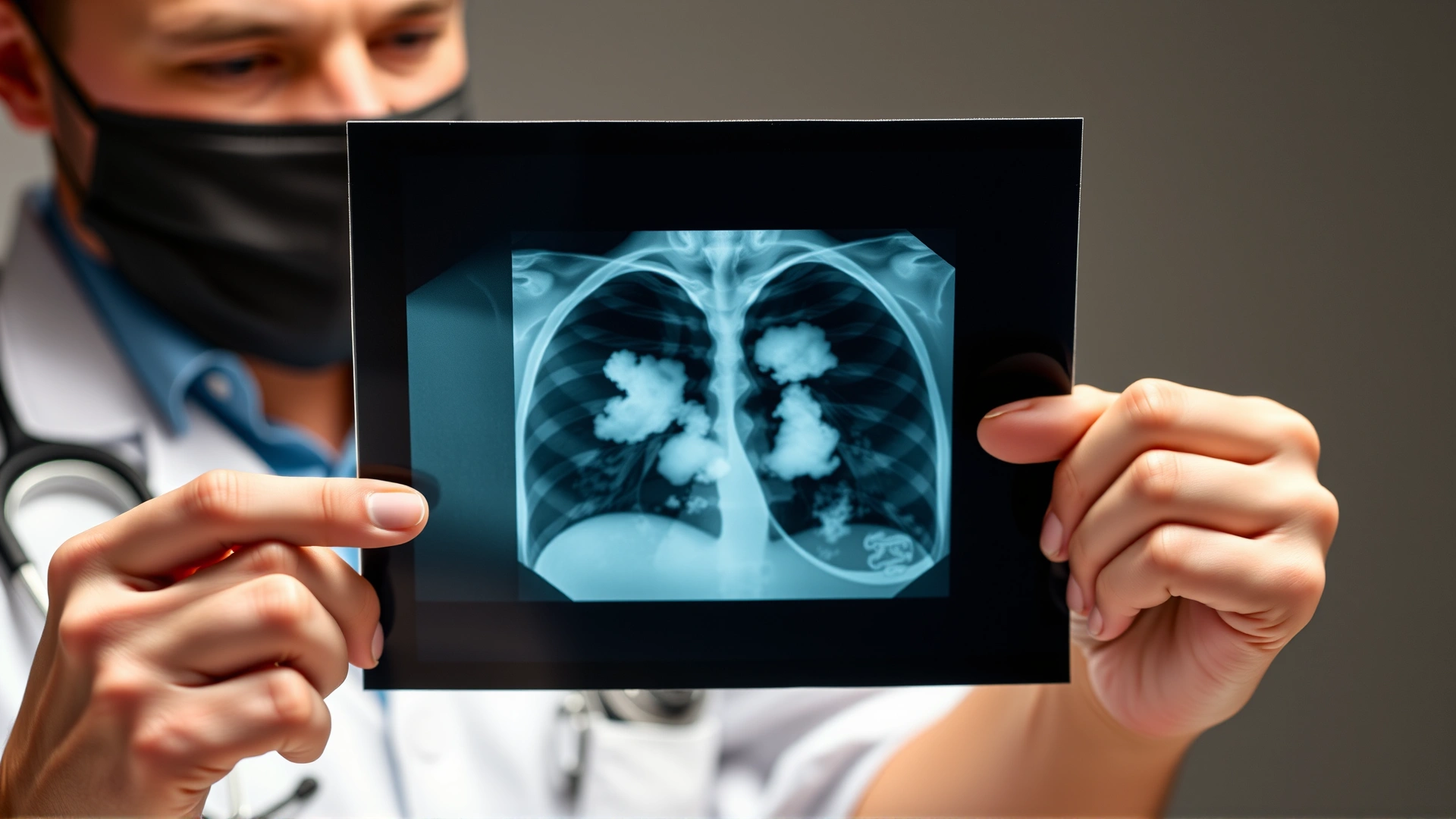 Veterinarian holding up a chest radiograph of a cat, pointing to cloudy lung infiltrates, clinical setting
