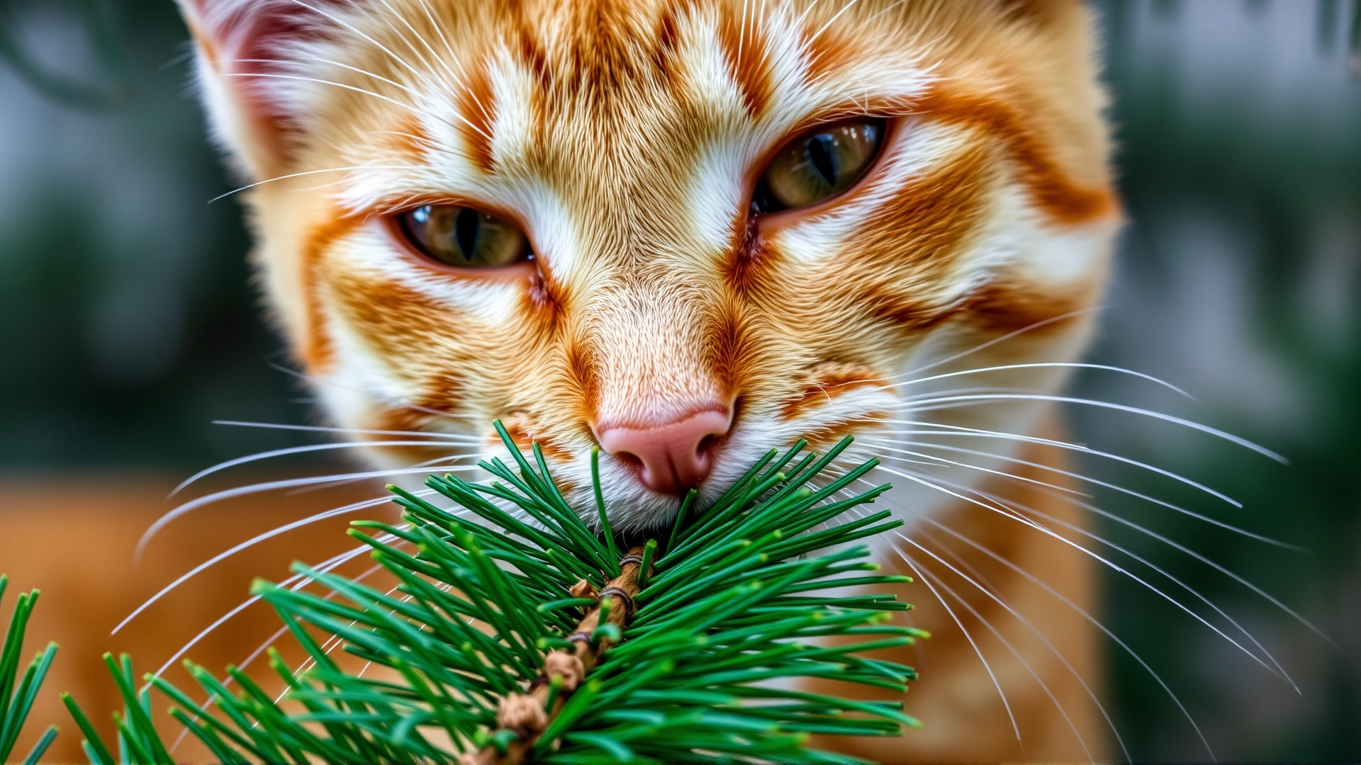 Close-up photo of an orange tabby cat gently chewing on green pine needles from a Christmas tree branch.