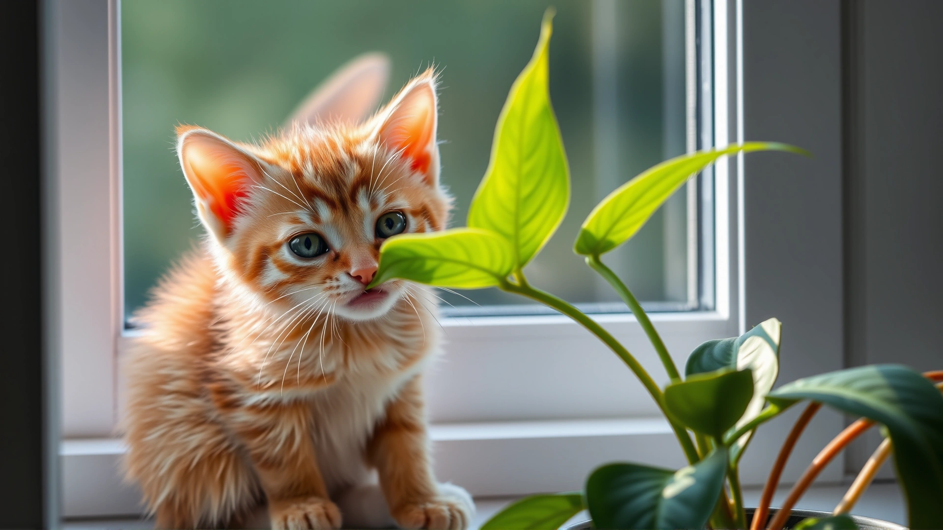 A young orange kitten biting a spider plant leaf while sitting on a windowsill.