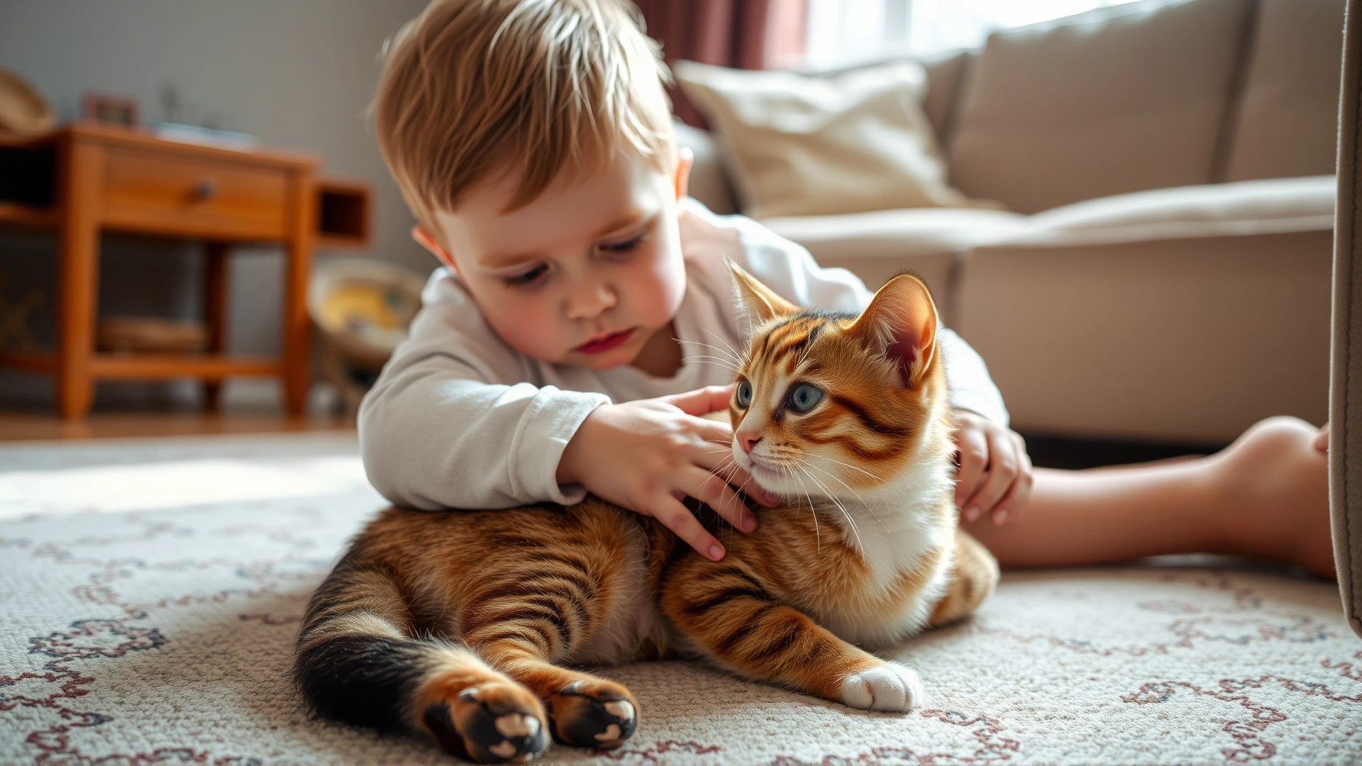 A young child gently petting a domestic cat while both are on the living-room floor, highlighting potential zoonotic transmission. Bright, warm lighting, no text.