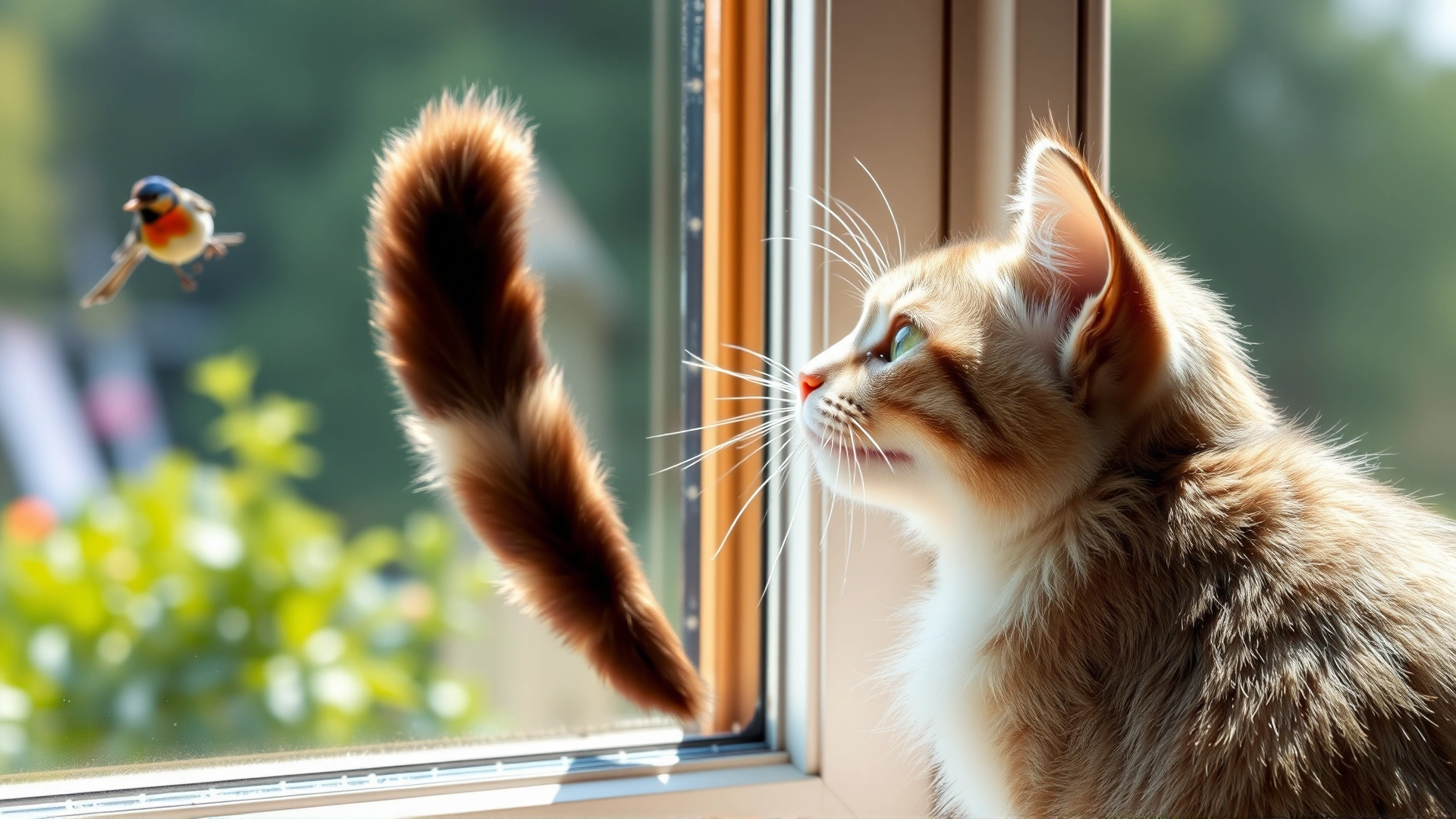 Curious cat perched on a windowsill chirping at birds outside, tail flicking with excitement, daylight scene.