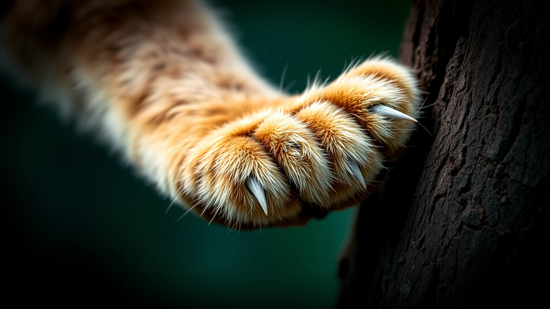 Macro close-up of a cat's curved claws gripping the bark of a tree trunk