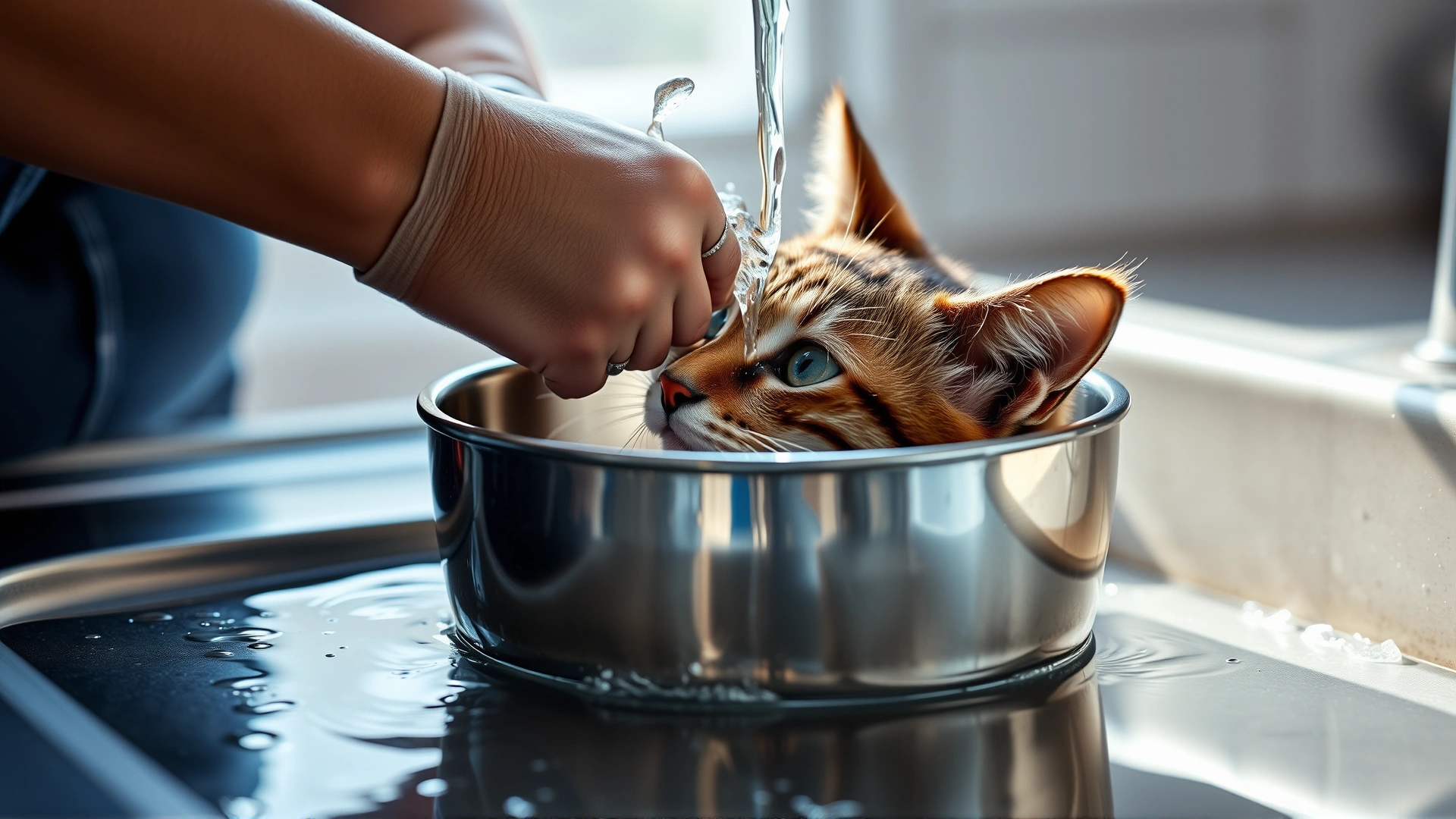 Bright photo of a person washing a stainless-steel cat food bowl under running water, highlighting hygiene practices.
