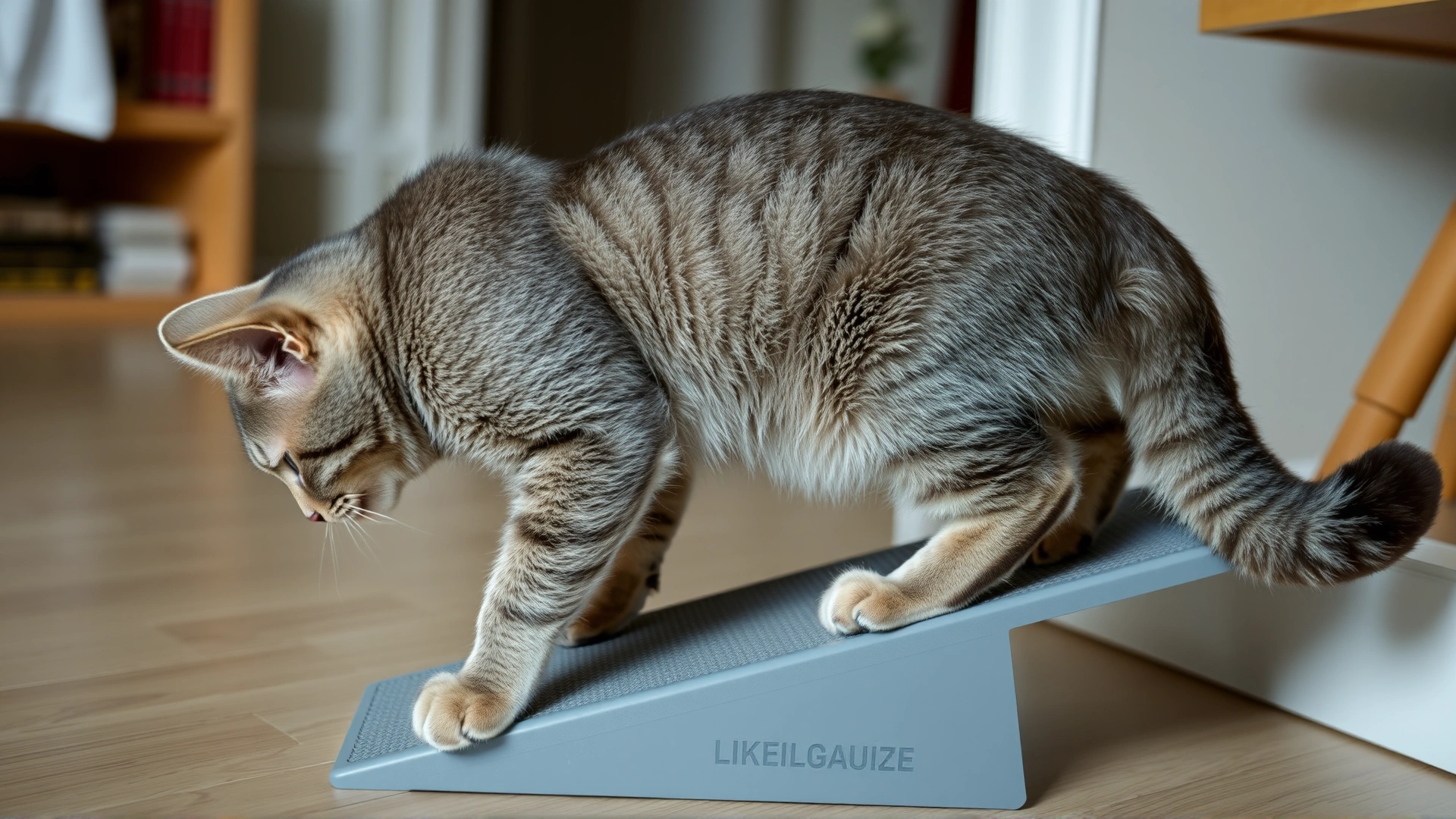 Side view of an older gray cat carefully climbing a low household pet ramp, illustrating mobility challenges