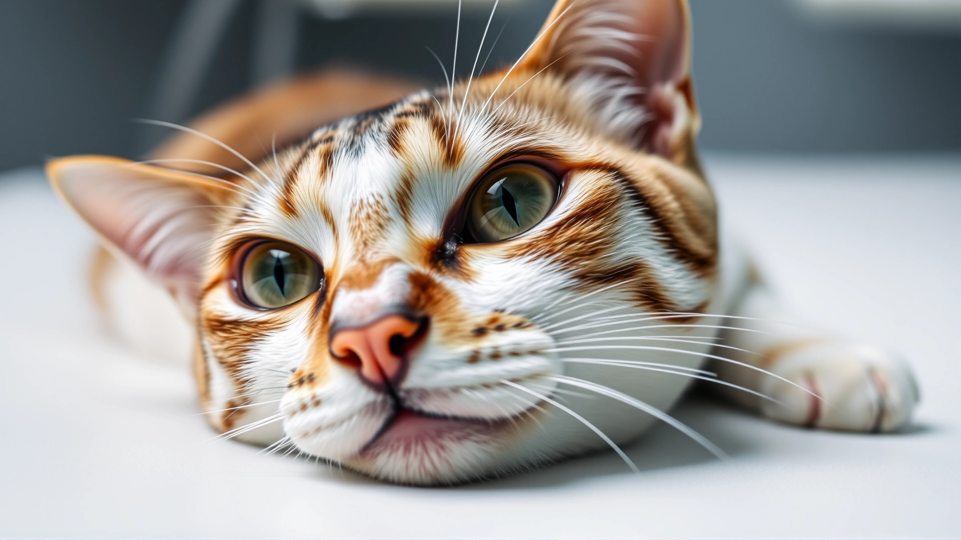 Close-up photo of a cat with clearly dilated pupils and third eyelid protrusion, sitting on a vet exam table.