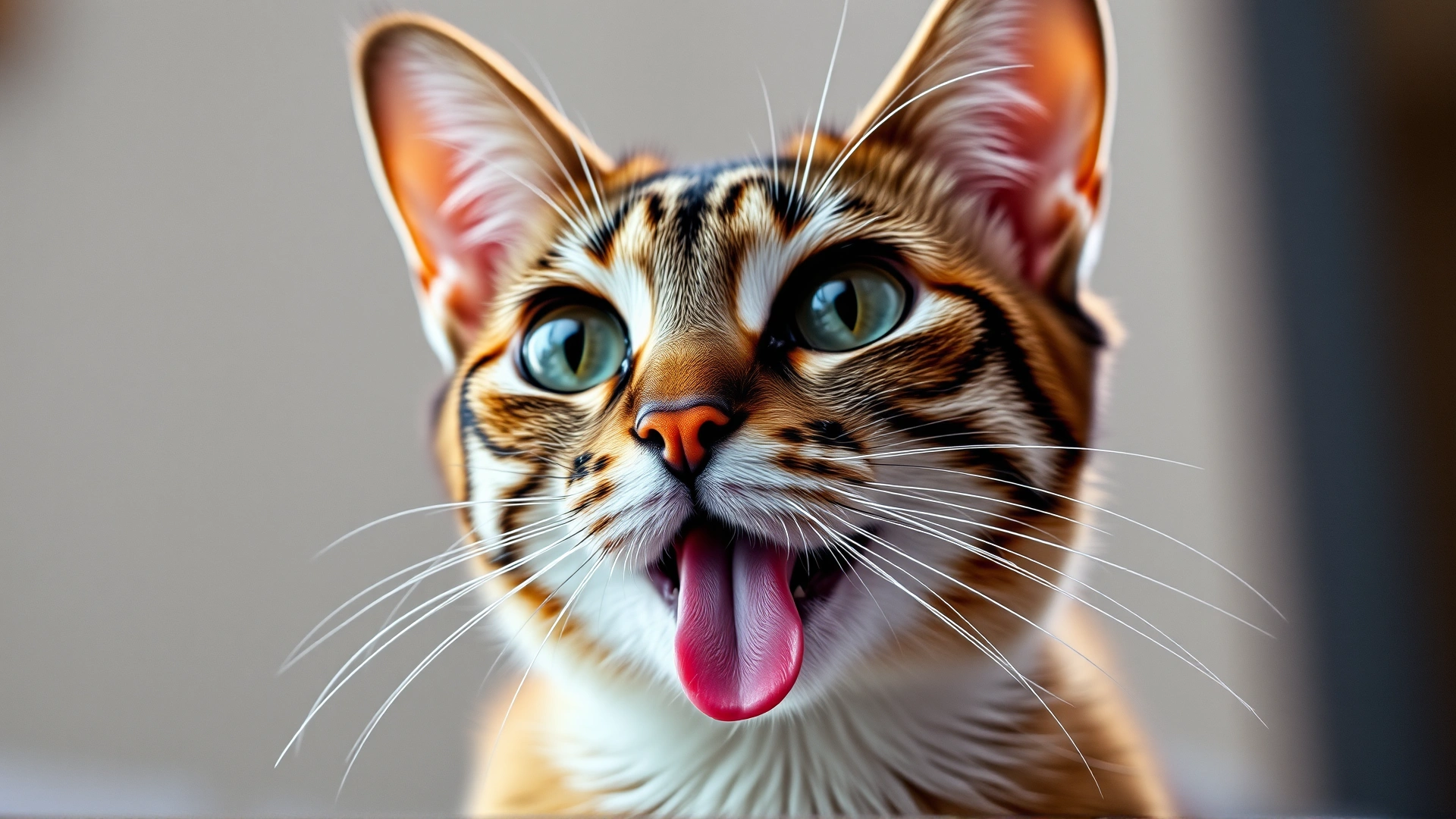 Portrait of a curious domestic cat with its tongue slightly out, soft indoor lighting.