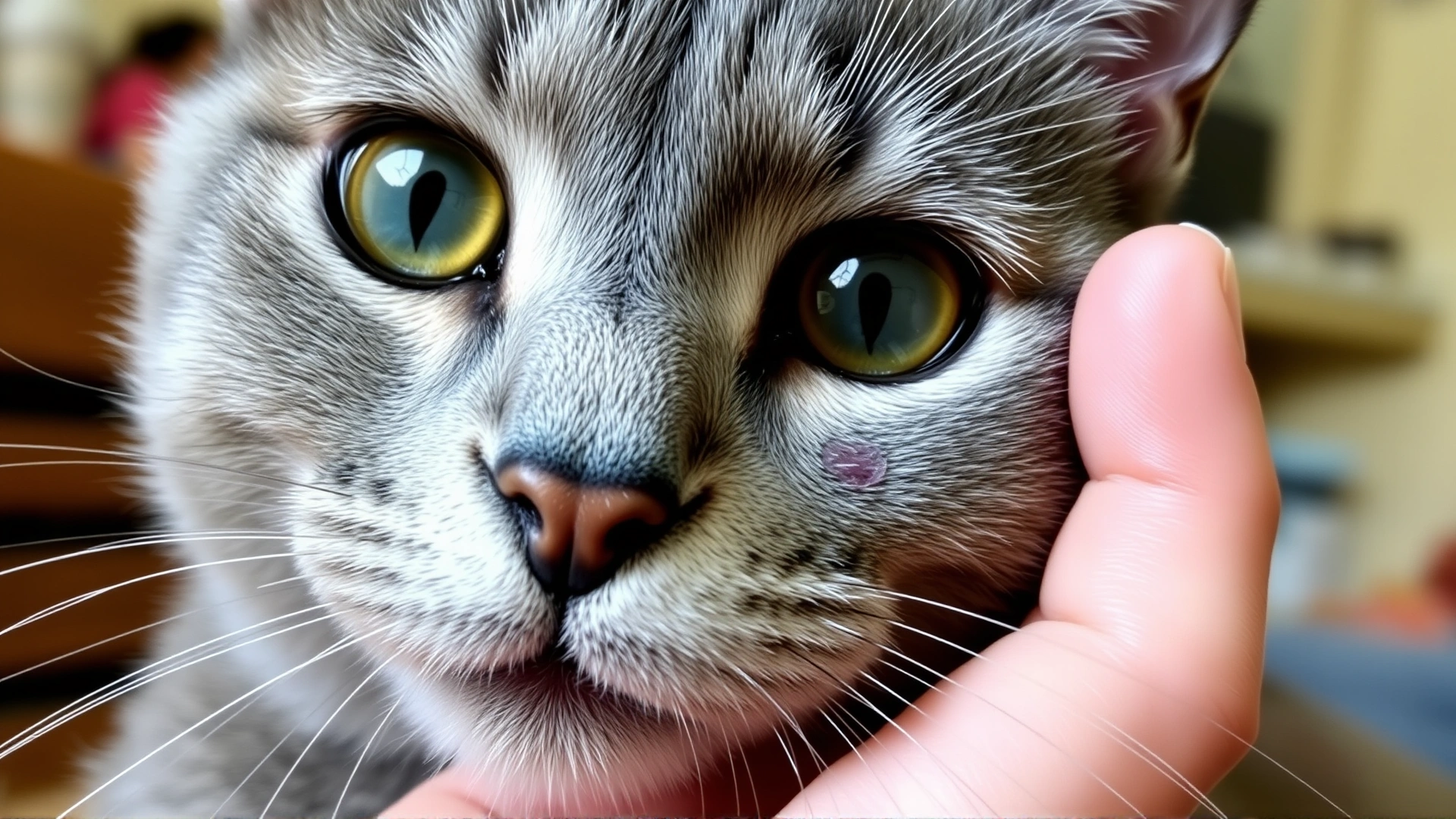 Macro photo of a short-haired grey cat with fur gently parted by human fingers to reveal a small bluish-purple bruise; soft indoor lighting, high resolution