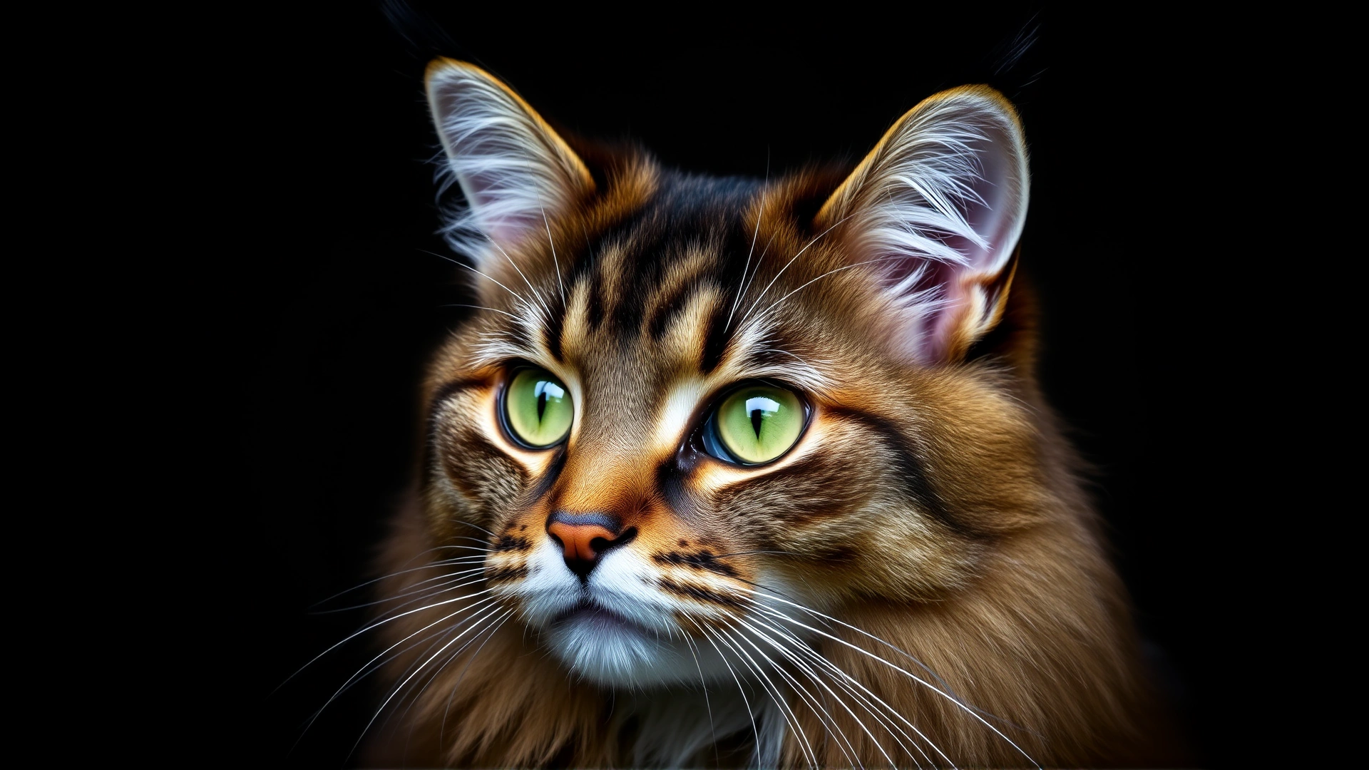 Studio portrait of a Norwegian Forest Cat focusing on ear tufts and almond-shaped green eyes against a dark background.