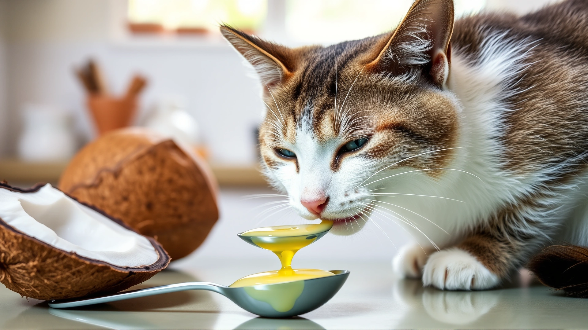 Domestic short-haired cat sniffing or licking coconut oil from a small spoon next to a cracked coconut, bright kitchen background, friendly mood