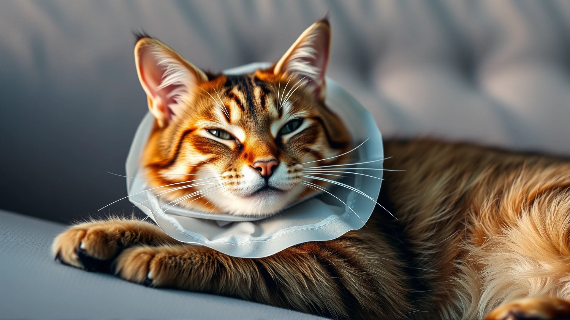 Cat resting comfortably at home wearing an Elizabethan collar after surgery, soft couch background.