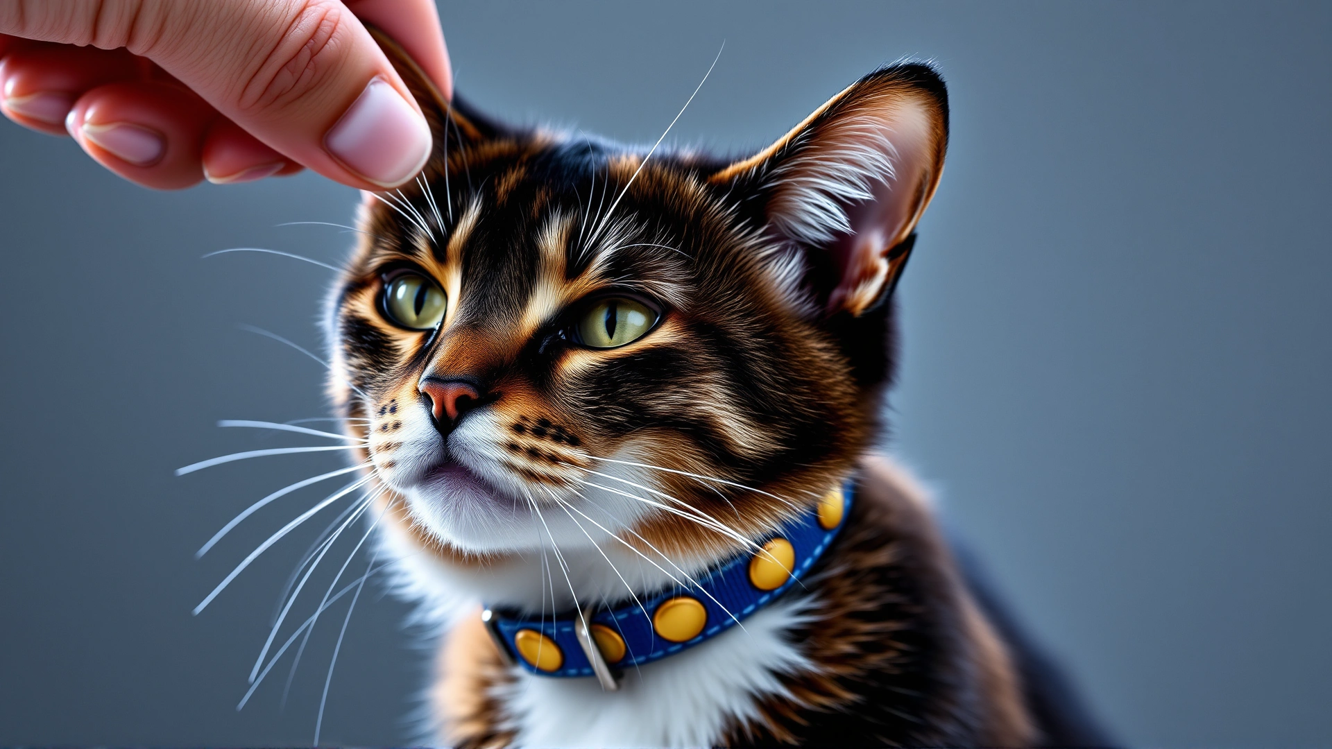 Cat wearing a colorful collar while a hand lifts the collar to reveal skin underneath, concept of hidden ticks.