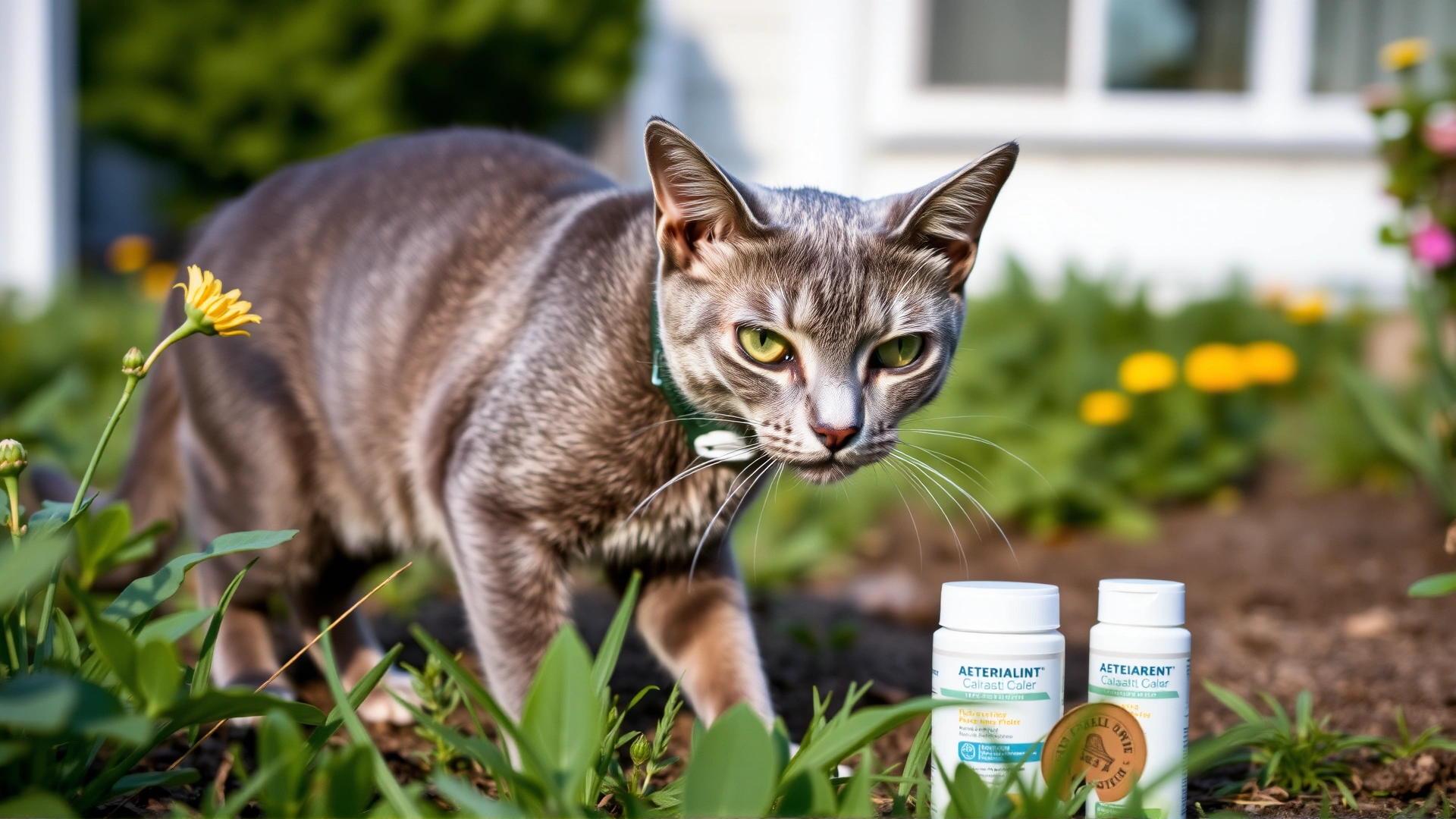 Outdoor photo of a sleek gray cat wearing a modern flea collar while exploring a garden, illustrating preventive products in use.