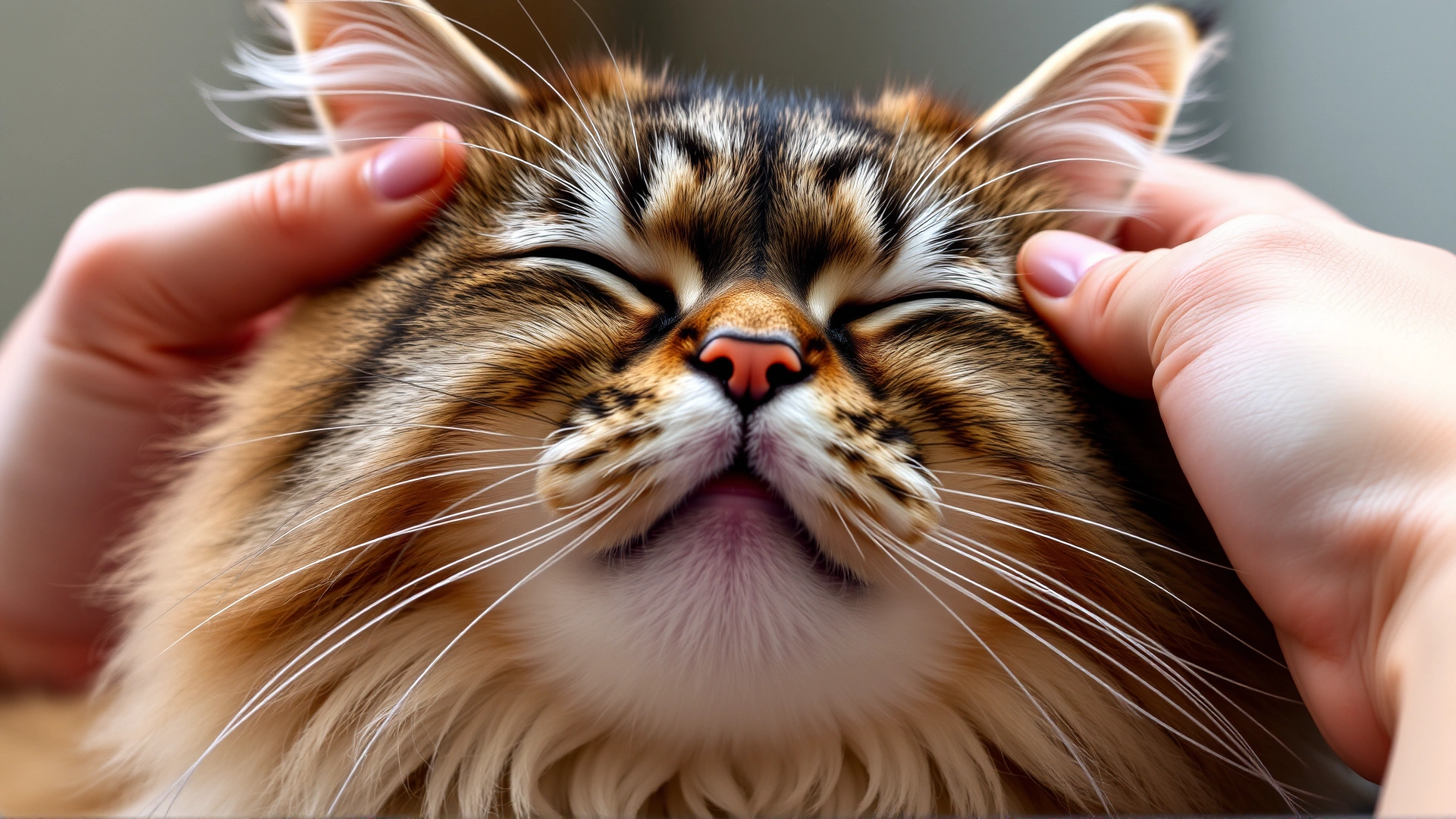 Calm long-haired cat purring with eyes half-closed as a hand strokes its head, emphasizing comfort and bonding during grooming.