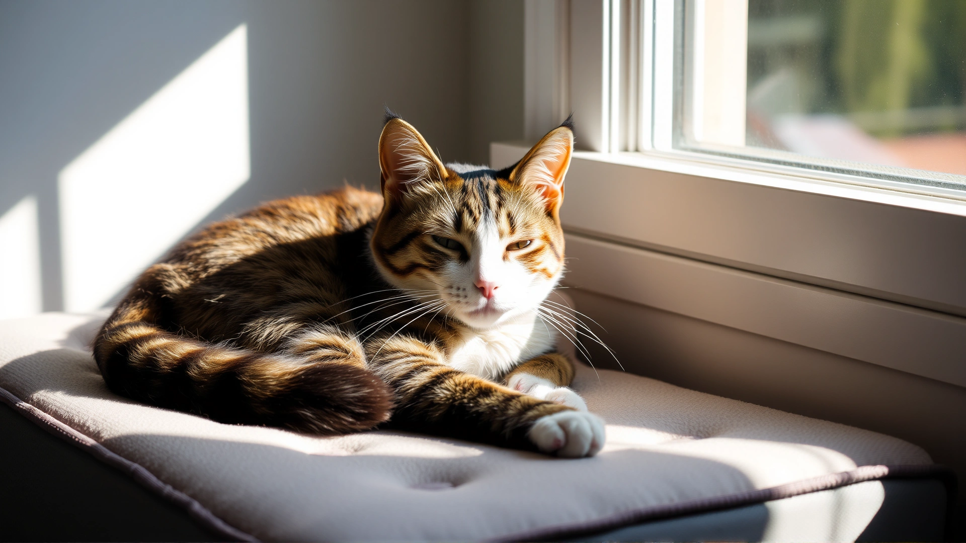 Content cat resting on an orthopedic memory-foam pet bed near a window with warm sunlight