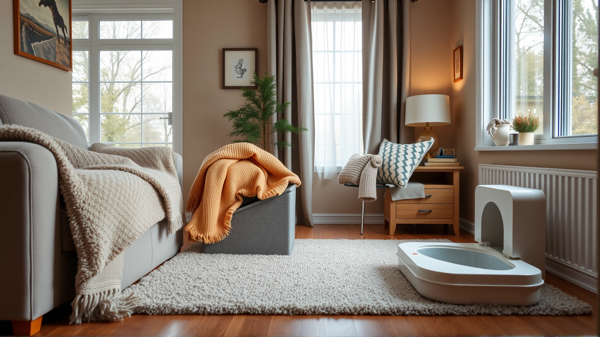 Cozy corner of a living room with soft blankets, a ramp, and low-sided litter box designed for a cat with limited mobility.