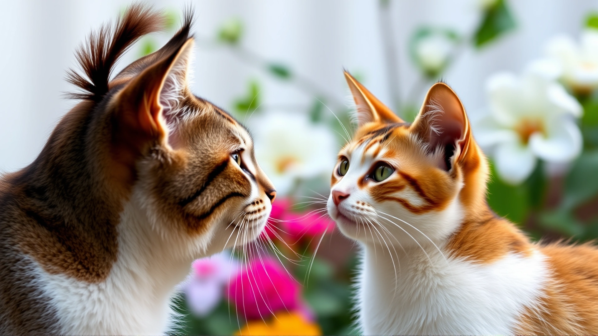 Two cats facing each other, one cat’s tail upright and slightly quivering while the other cat looks curious, garden background, vibrant colors