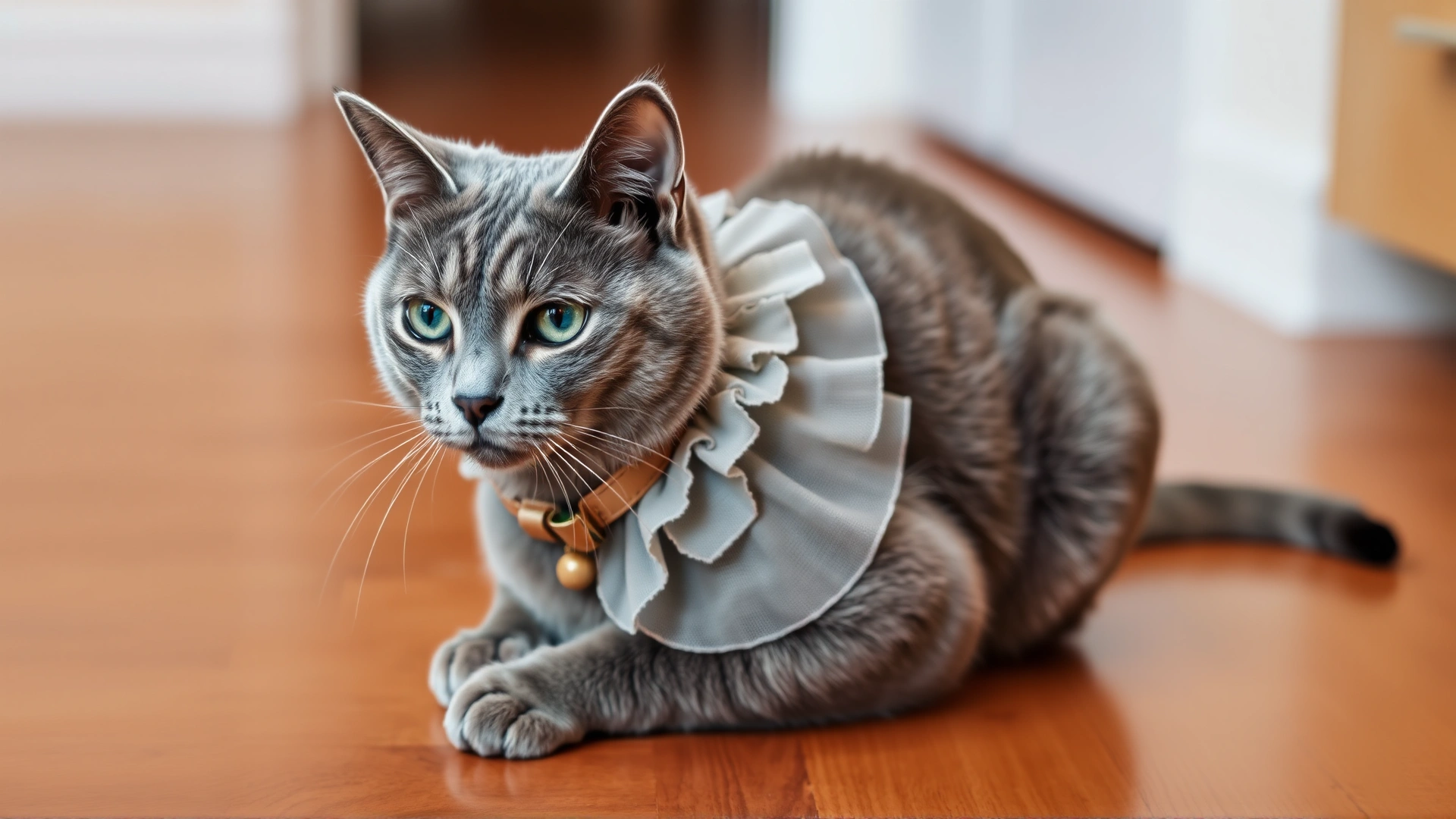 Domestic grey cat wearing an Elizabethan collar calmly sitting on a hardwood floor looking relaxed.