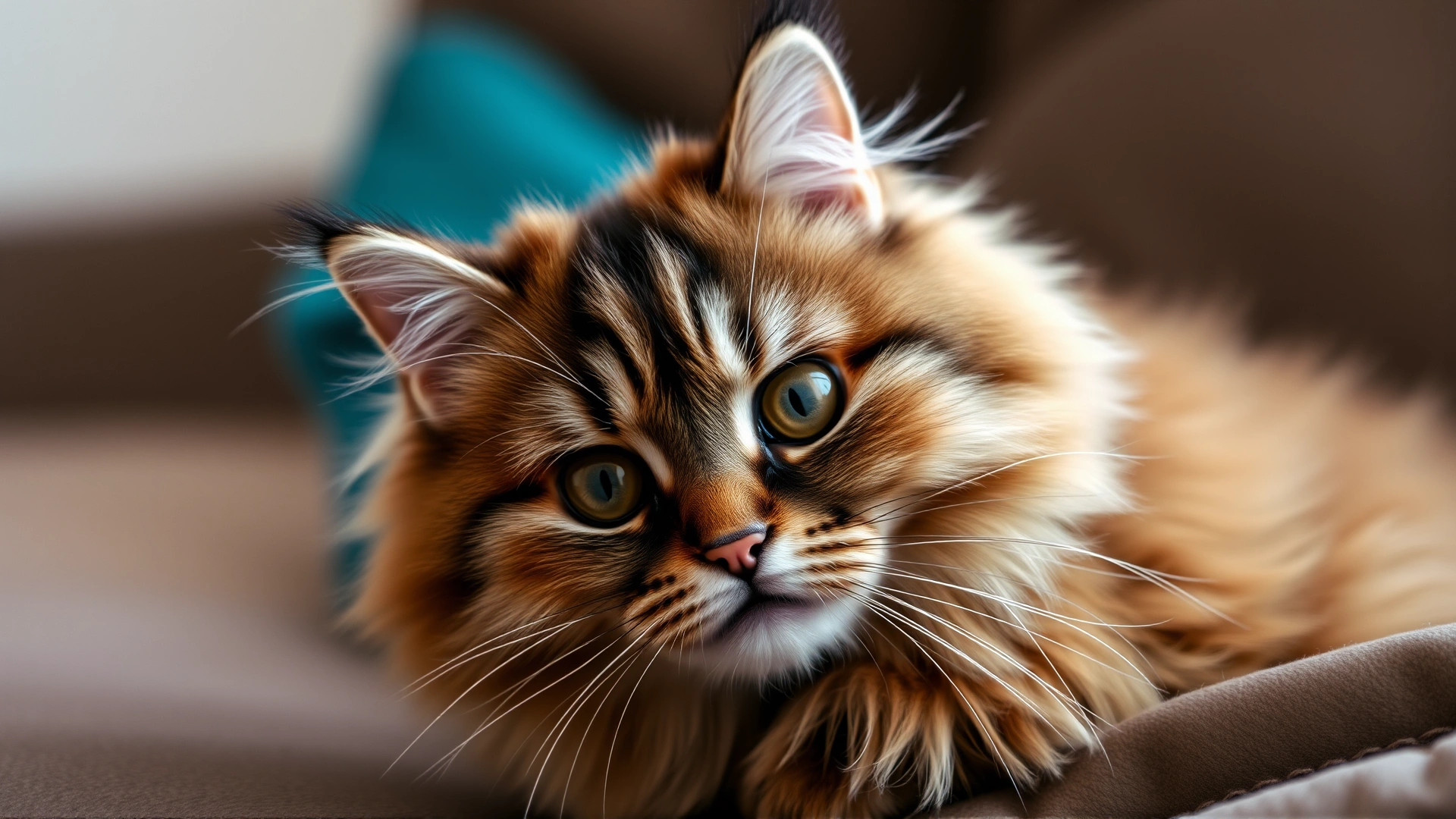 Funny confused-looking fluffy cat with cocked head and expressive eyes, sitting on couch, medium close-up