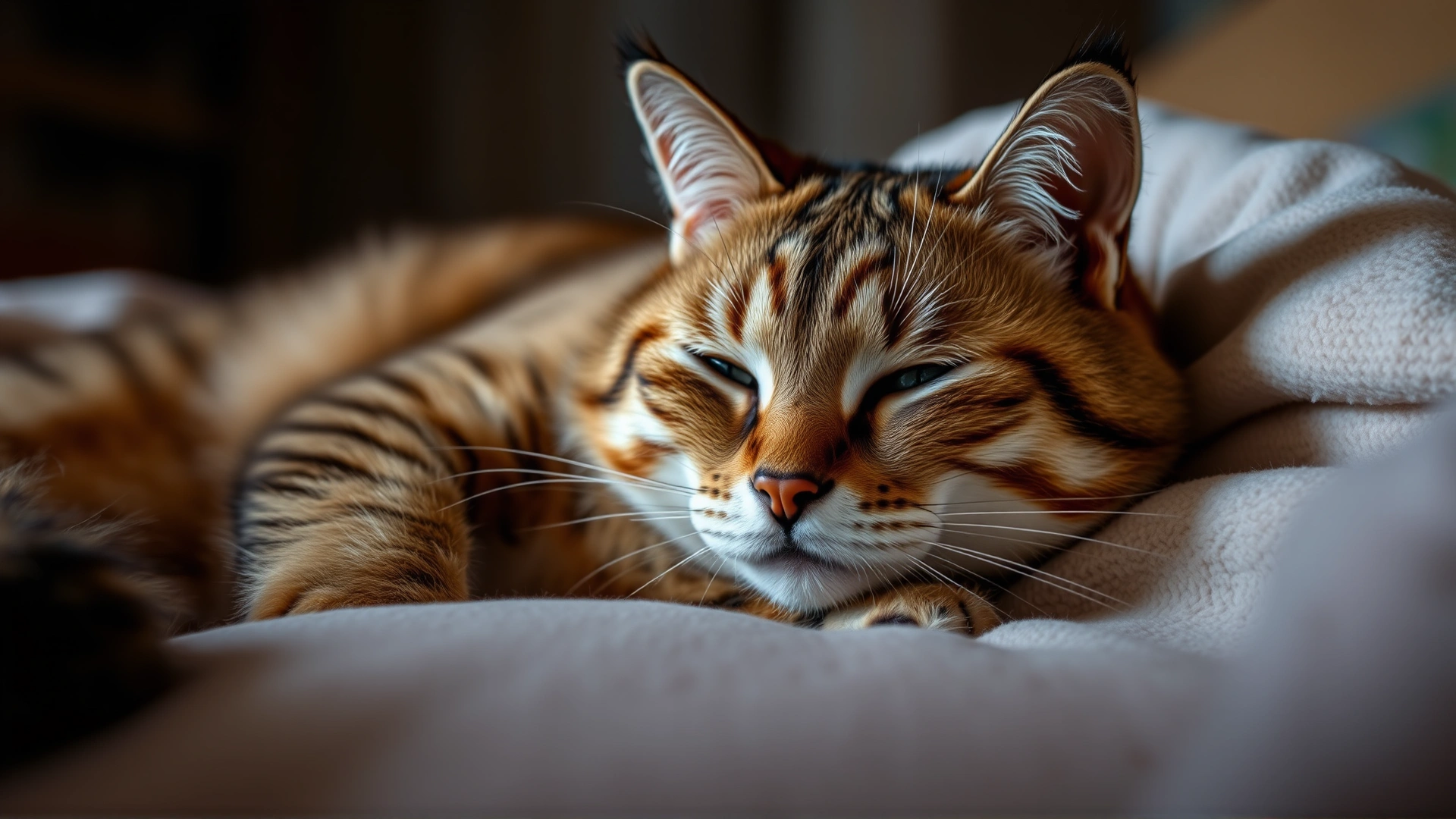 Domestic short hair cat lying semi-conscious on a soft blanket with dim home lighting, eyes partially open to illustrate stupor state.