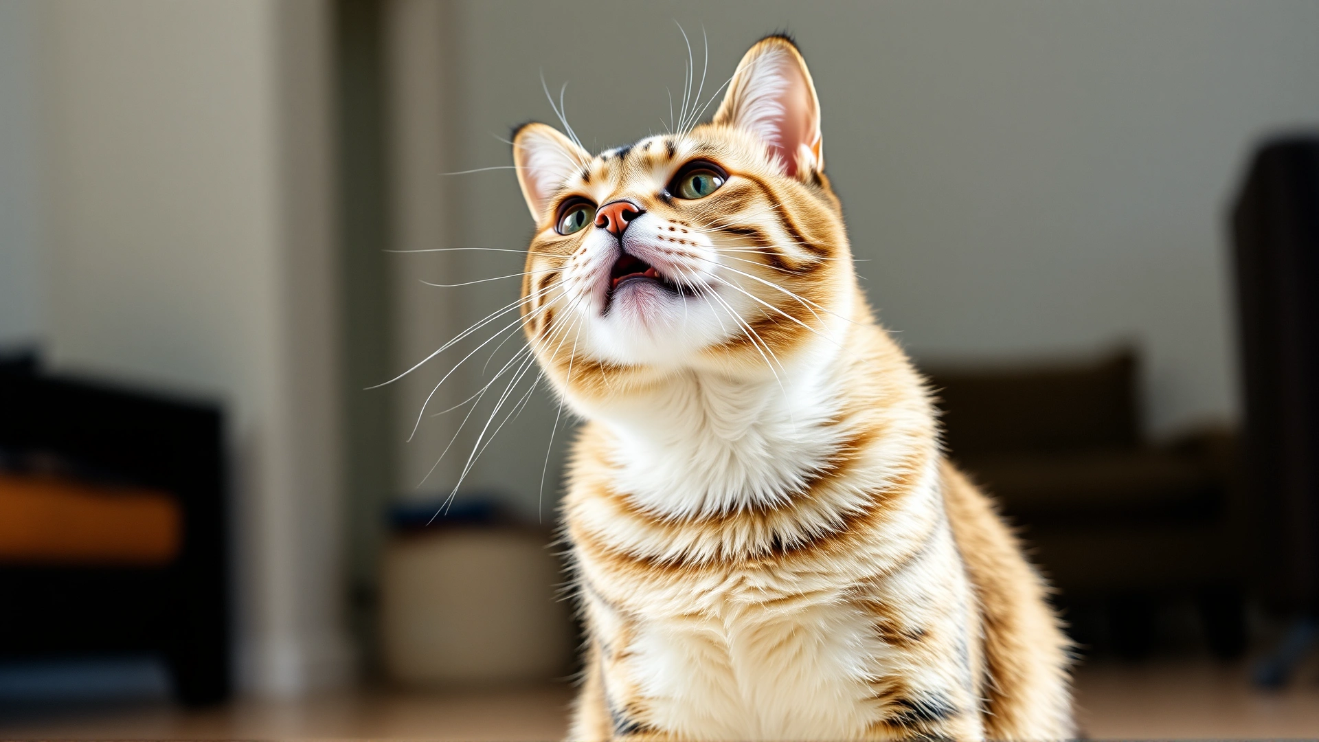 Indoor cat sitting upright with mouth slightly open as if coughing, neutral home background, no text