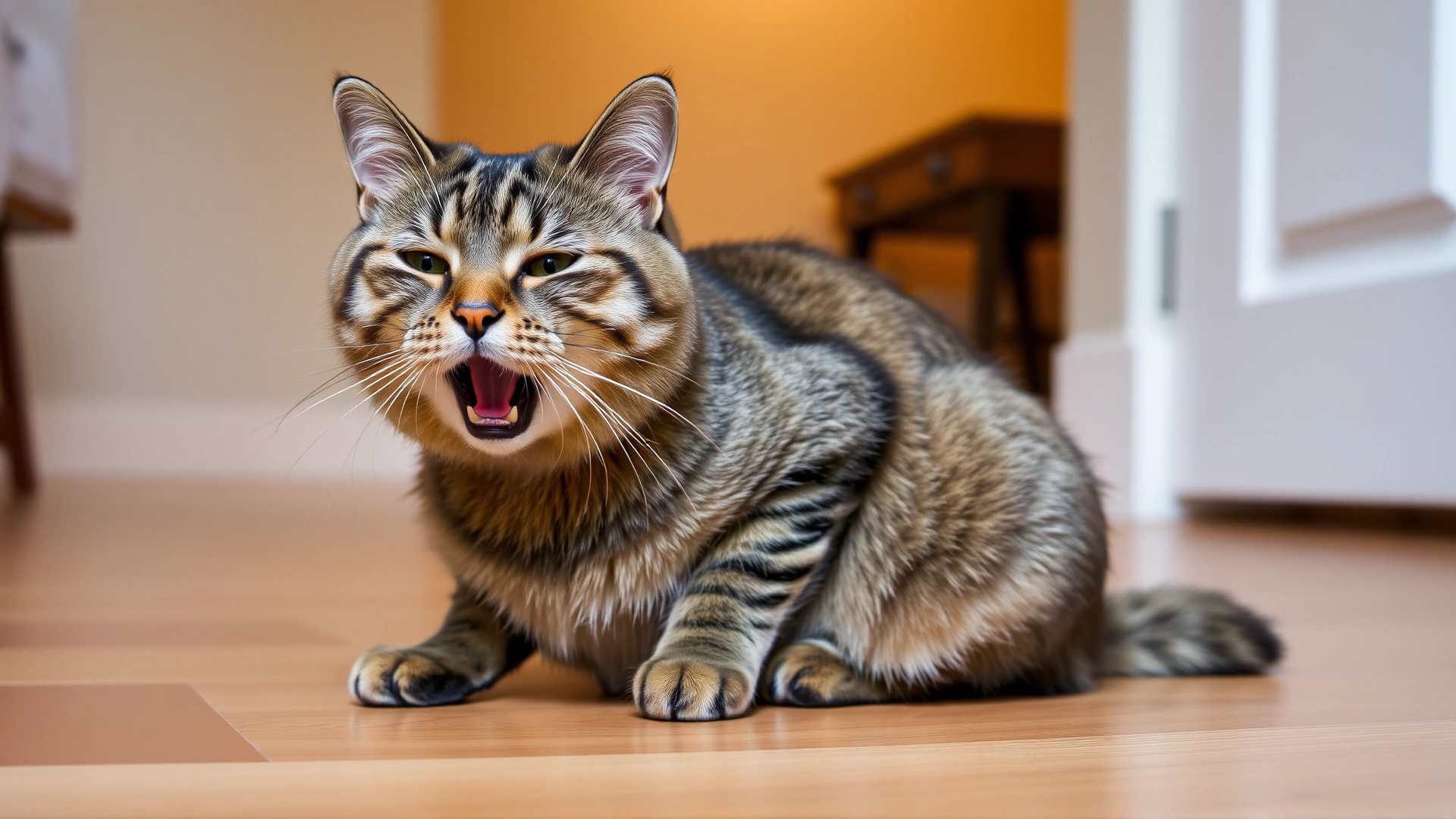 Domestic shorthair cat with mouth slightly open mid-cough, sitting on a wooden floor; neutral home background.