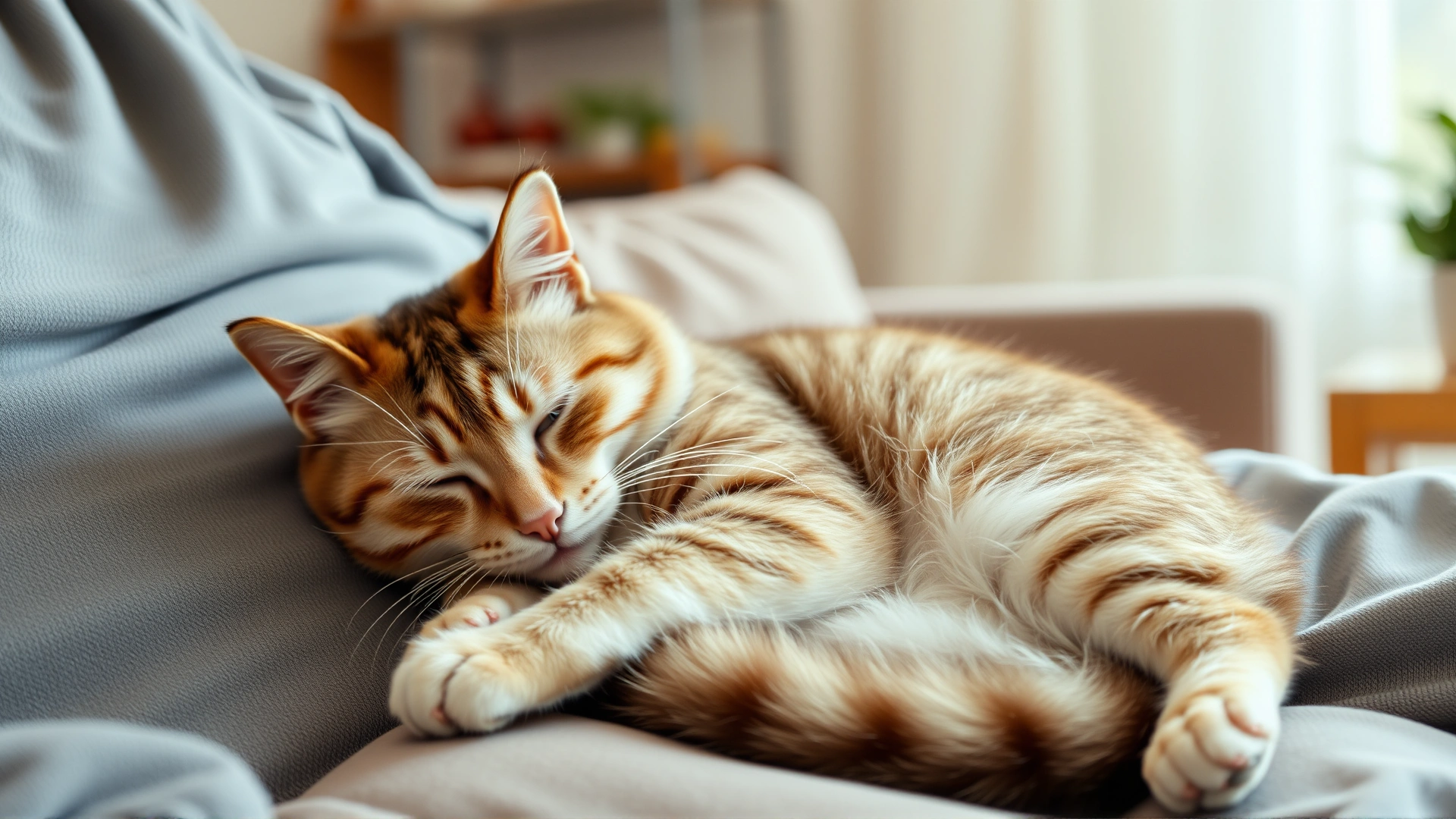 Content senior cat curled up on its owner’s lap on a sofa, both looking relaxed in a softly-lit living room.