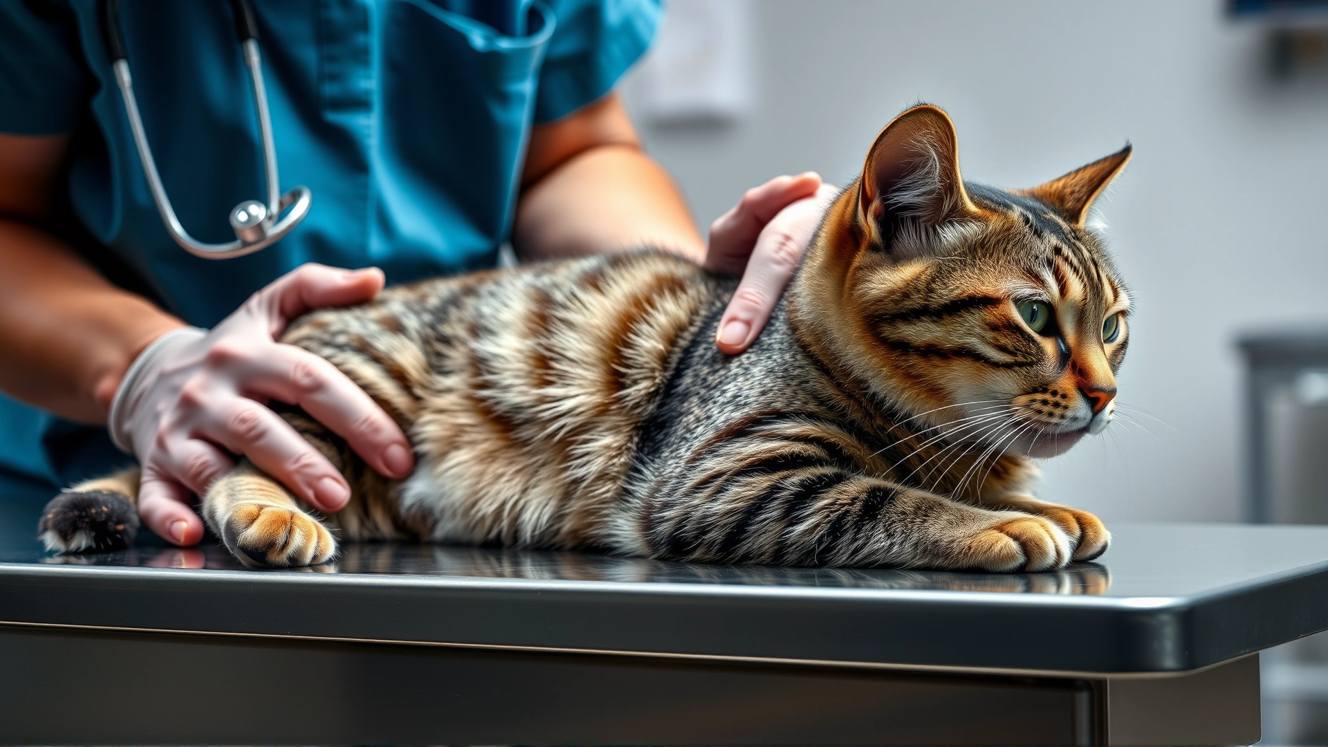 Image of a veterinarian performing CPR chest compressions on a medium-sized tabby cat on a clinic table, captured side-view with clear focus on hand placement.