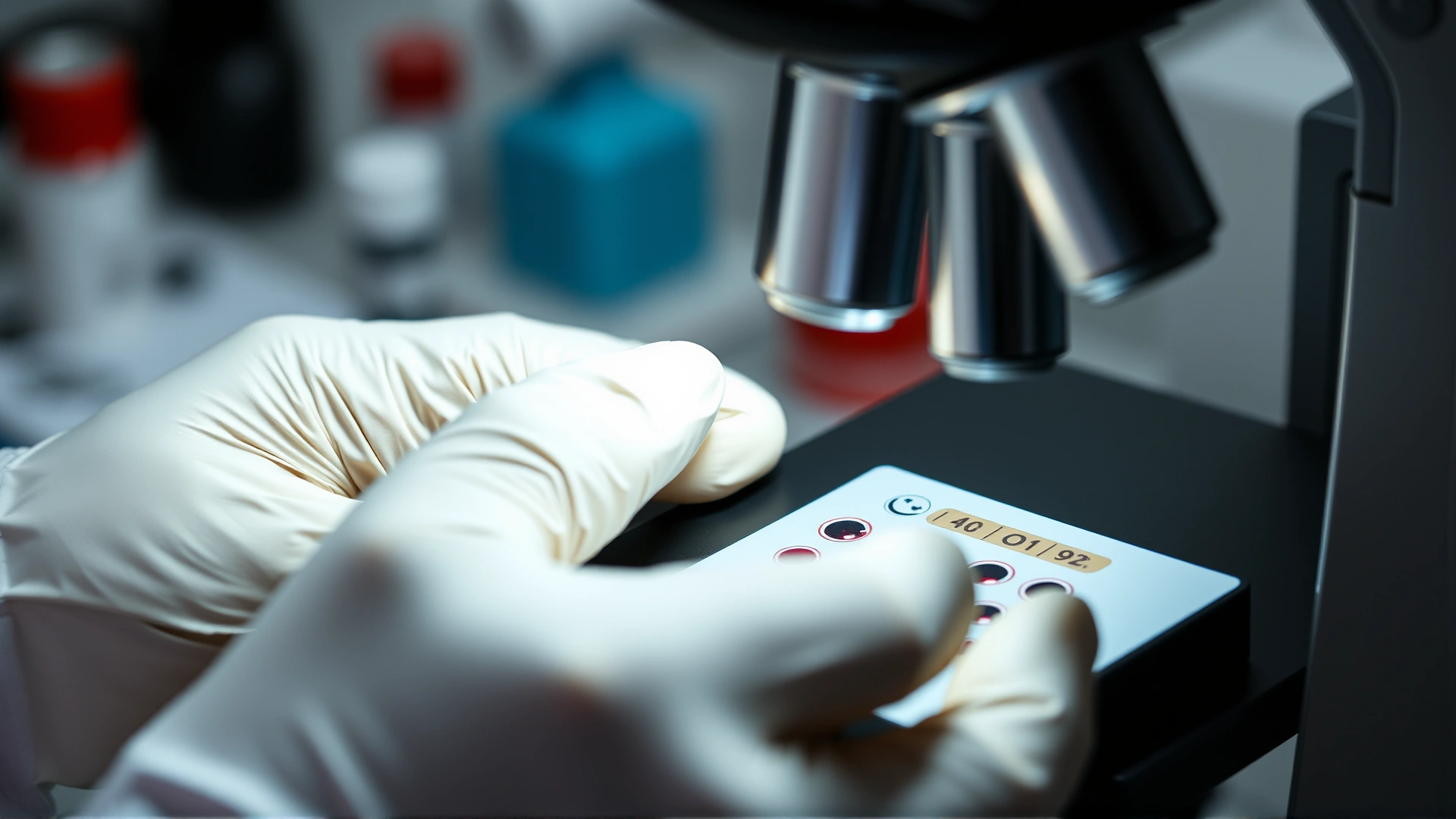 Macro photo of a lab technician’s gloved hands performing a blood crossmatch slide test under a microscope; red cells and reagents visible.