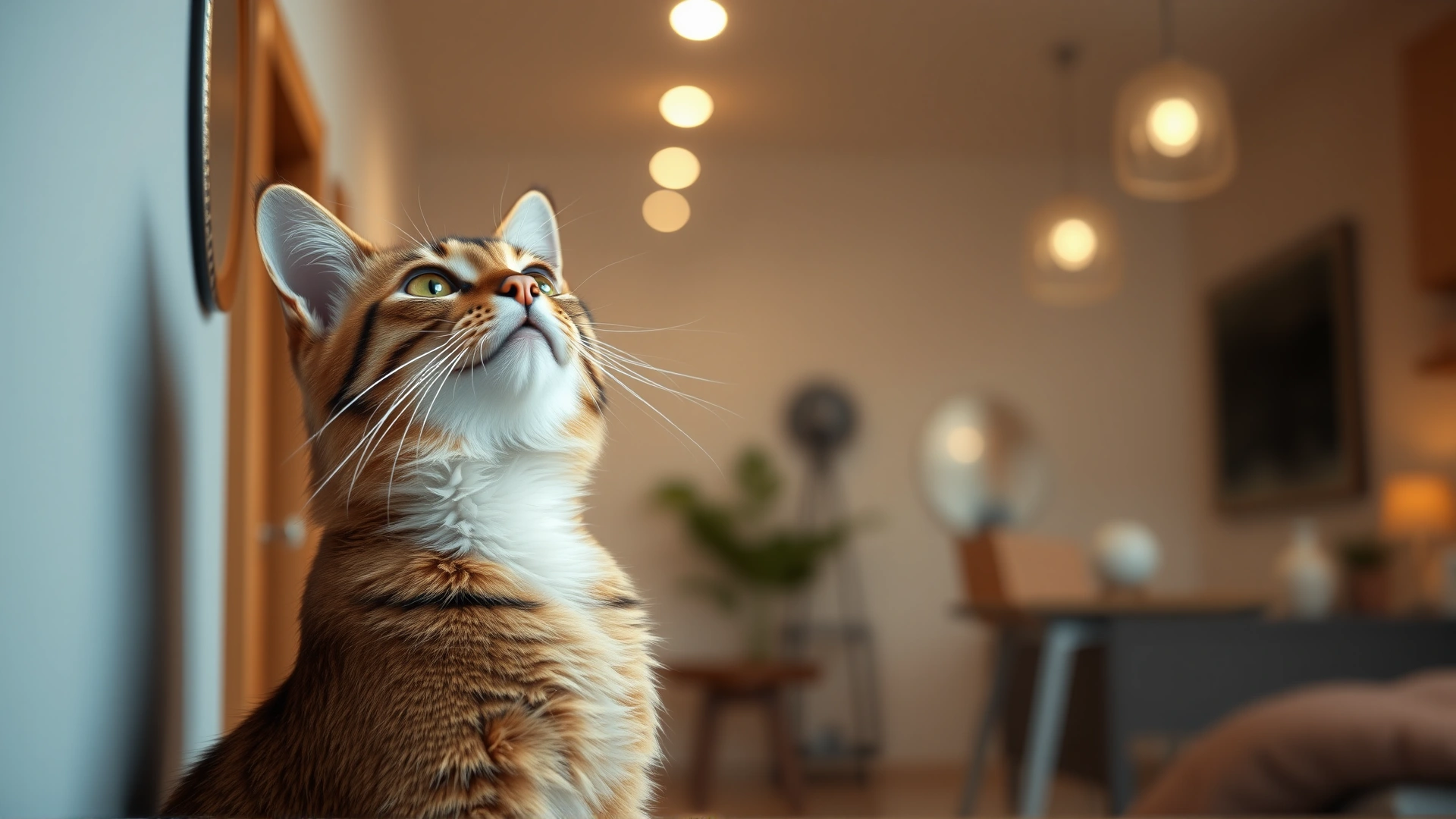 Adult cat tilting its head curiously while looking at a wall-mounted mirror in a modern home interior