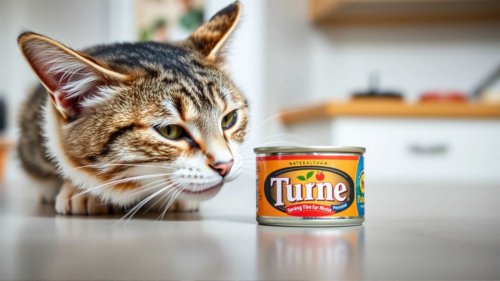 Close-up of a curious tabby cat sniffing an unopened tuna can on a kitchen countertop, natural daylight, shallow depth of field.