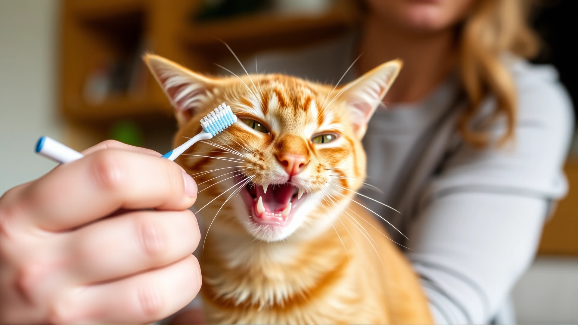 Cat owner holding a small pet toothbrush and gently brushing the teeth of an orange tabby cat at home with natural lighting