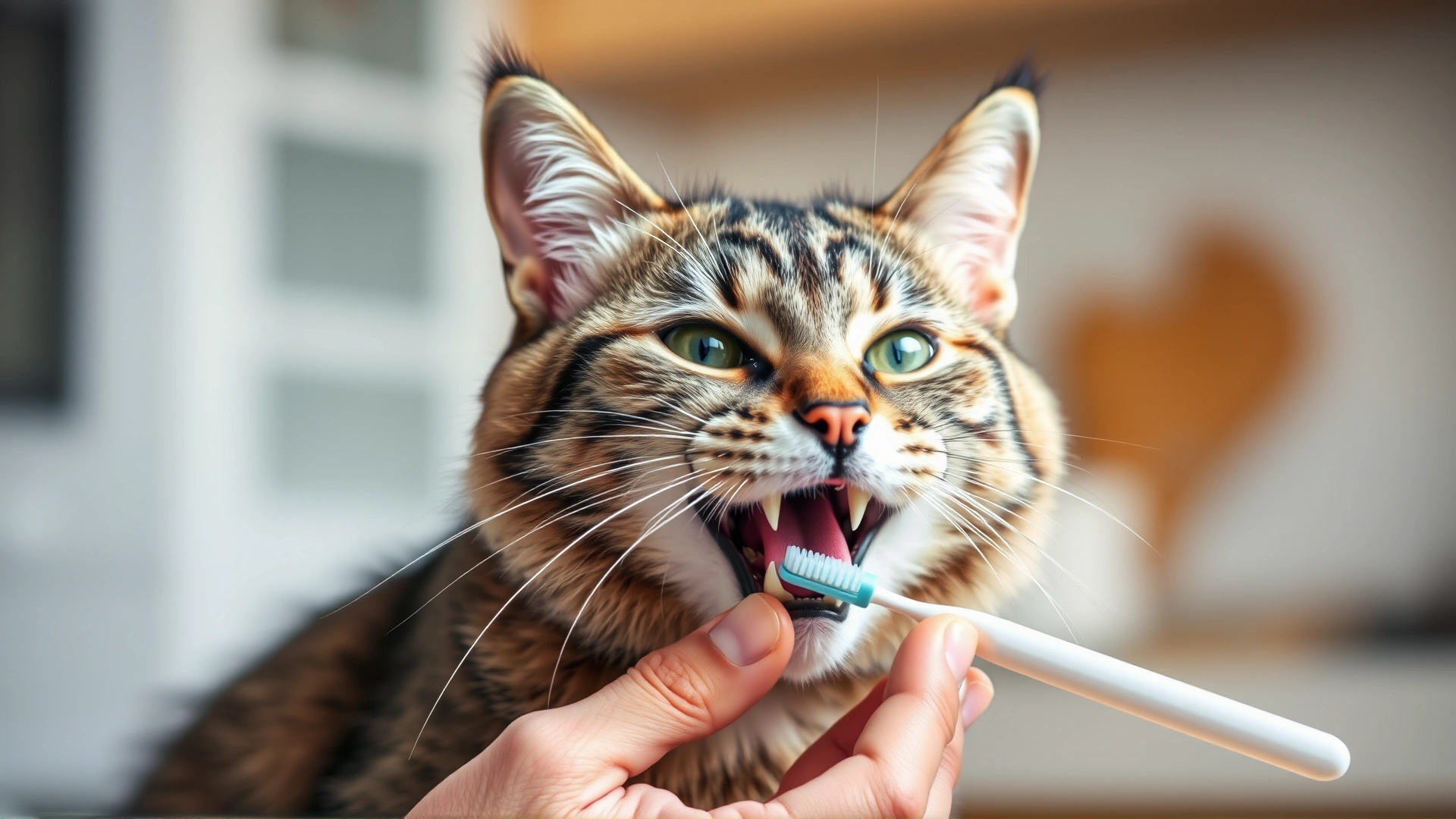 Cat owner gently brushing a tabby cat's teeth with a small pet toothbrush, kitchen background blurred, no text