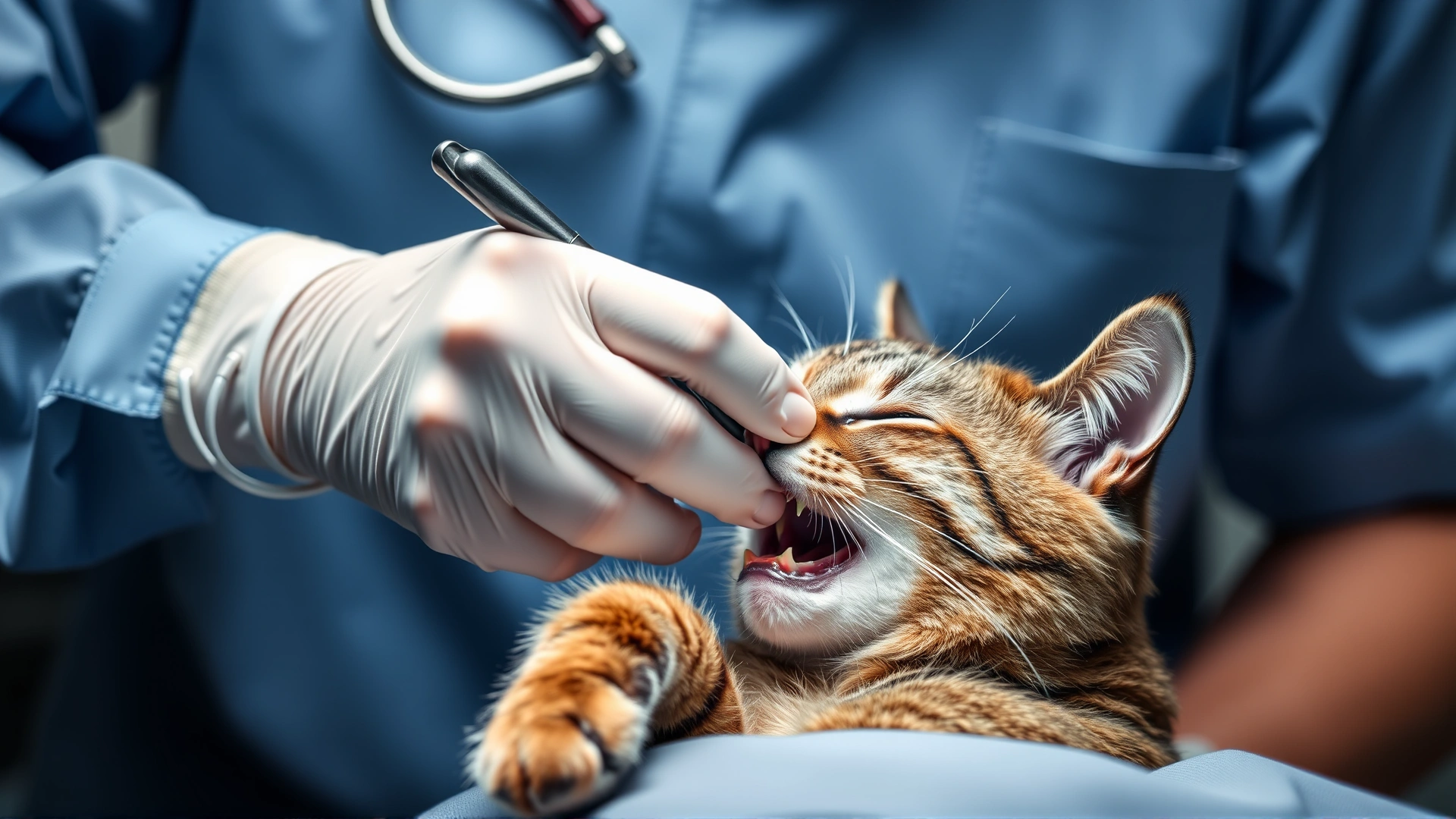 Veterinarian performing dental scaling on a sedated cat, highlighting professional feline dental care.