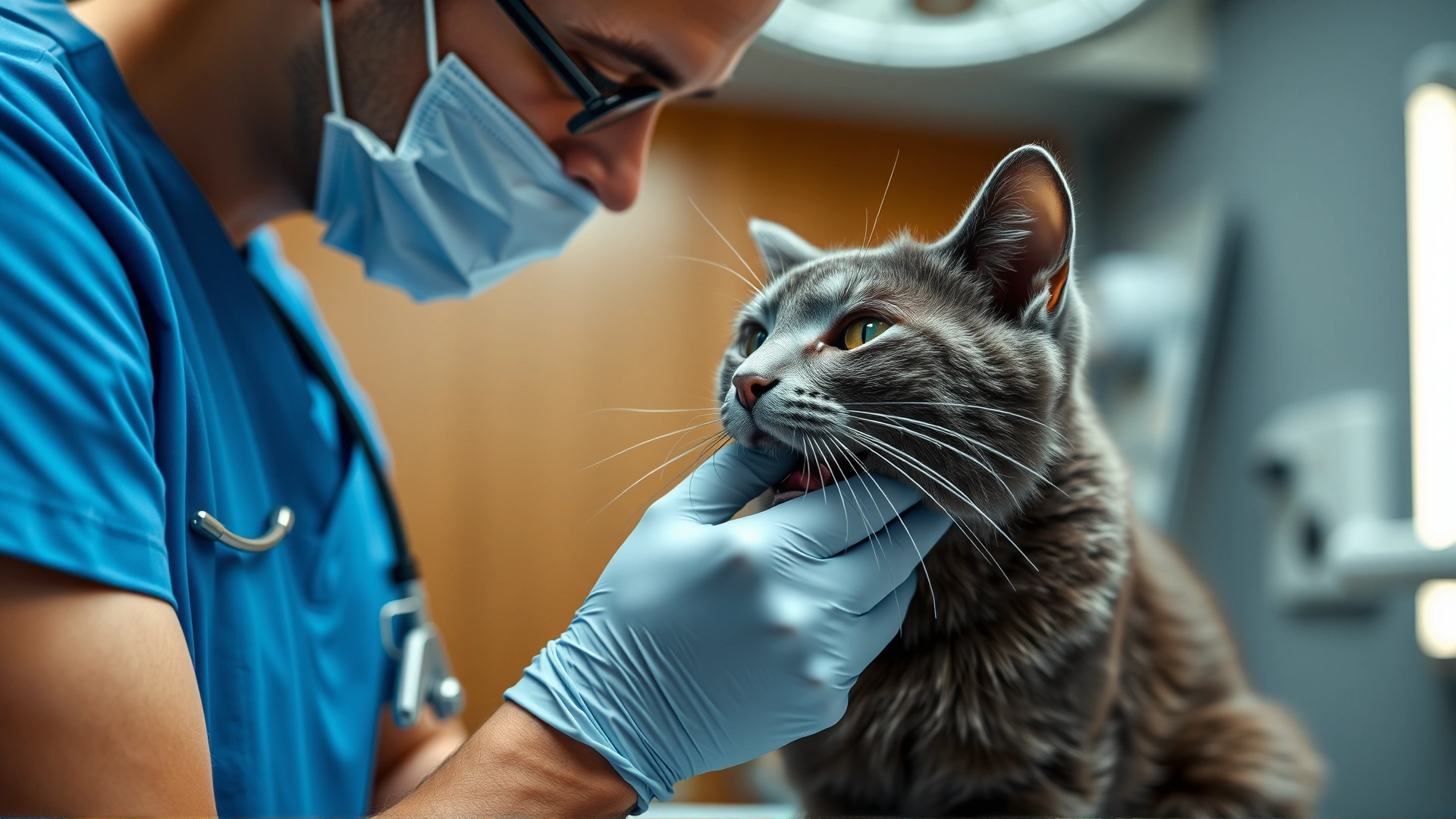 Veterinarian wearing blue scrubs and latex gloves performing an oral examination on a gray cat under soft clinical lighting; cat on exam table, medical tools blurred in background.
