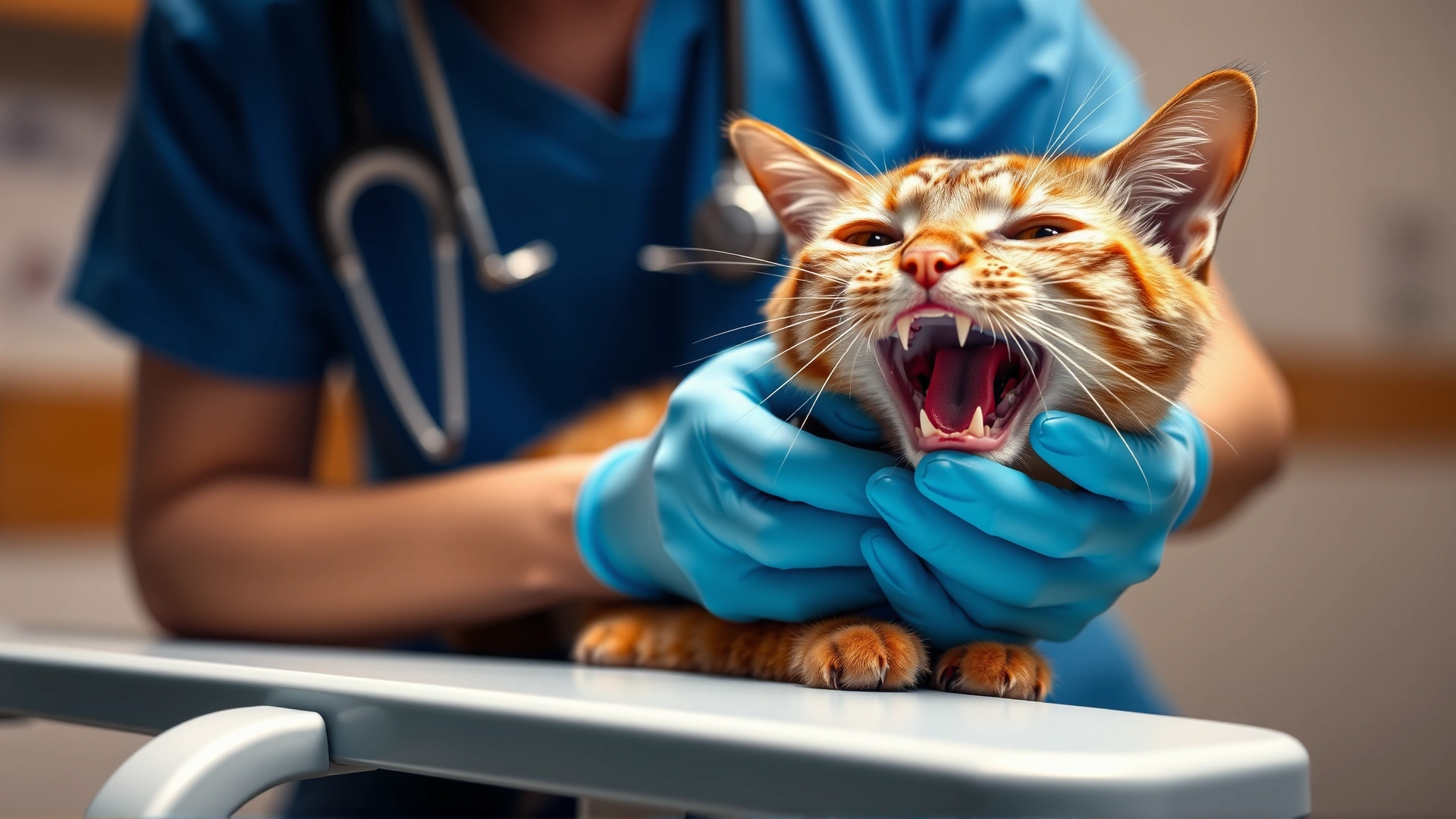 Veterinarian in blue scrubs examining a ginger cat’s teeth on an examination table, focus on the cat’s open mouth, warm clinical lighting