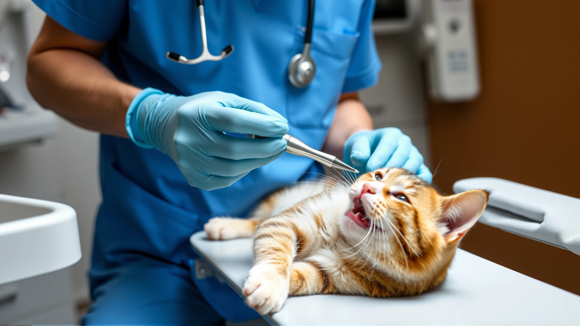 Veterinarian in blue scrubs using a dental scaler on a sedated cat on an exam table, professional clinical setting, high detail