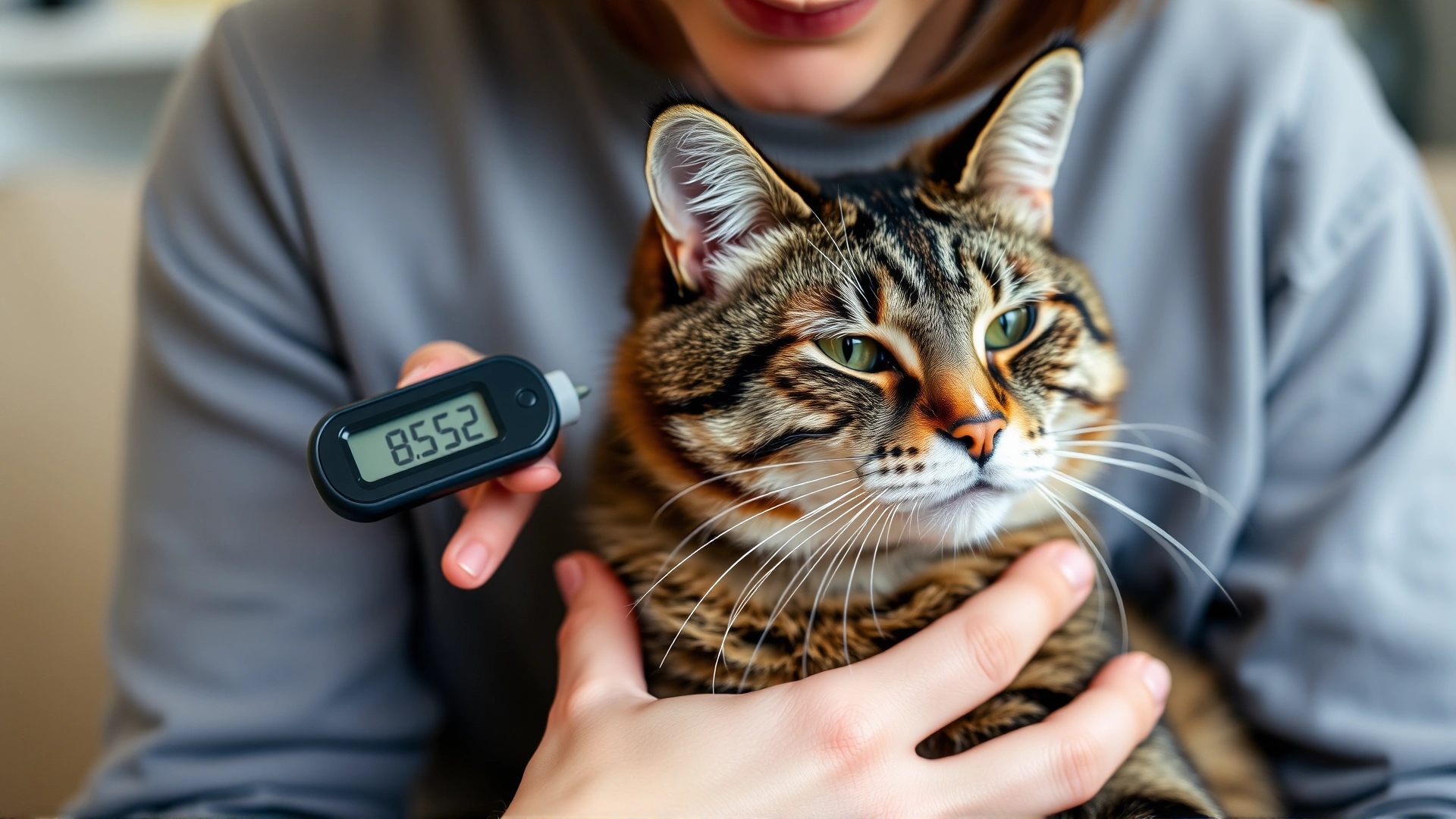 Owner gently holding a calm tabby cat and using a small glucometer on the cat's ear to measure blood glucose at home.