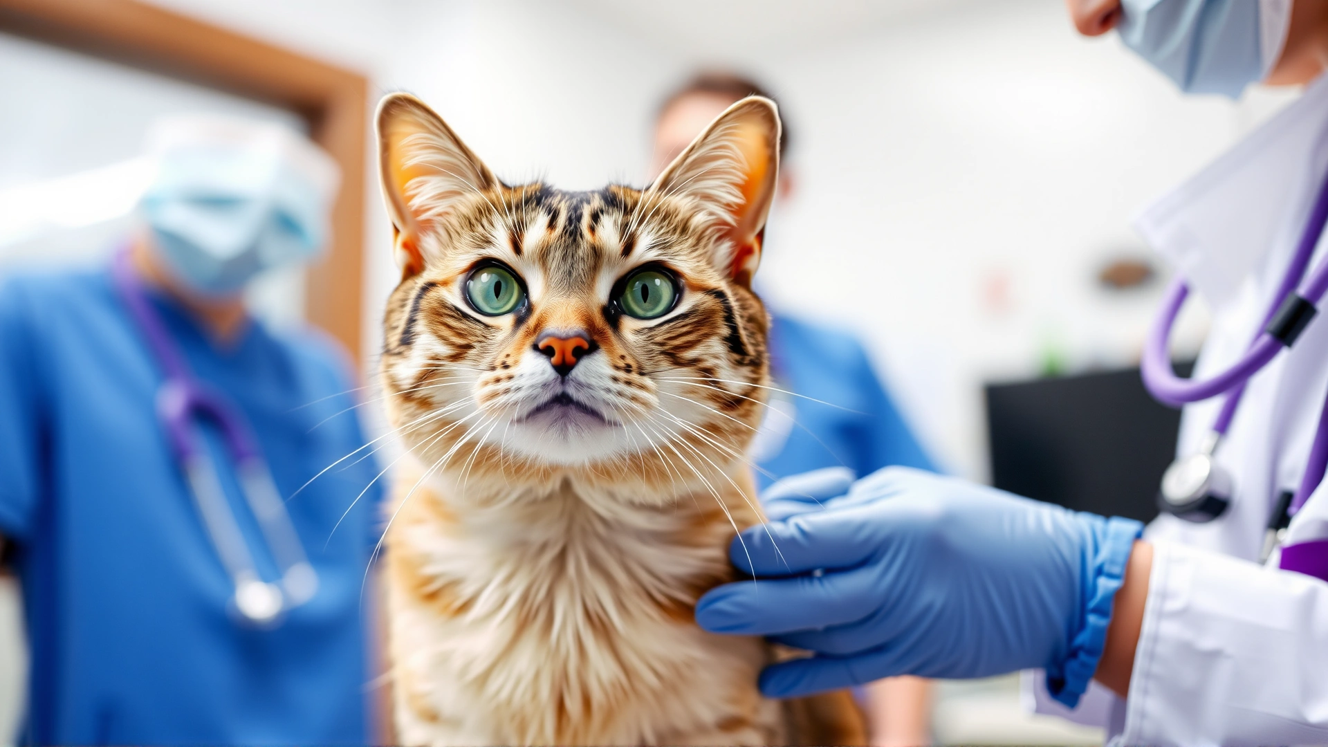 Domestic short-haired cat being examined at a veterinary clinic while the vet explains diabetes using a pancreas model, bright clinic environment