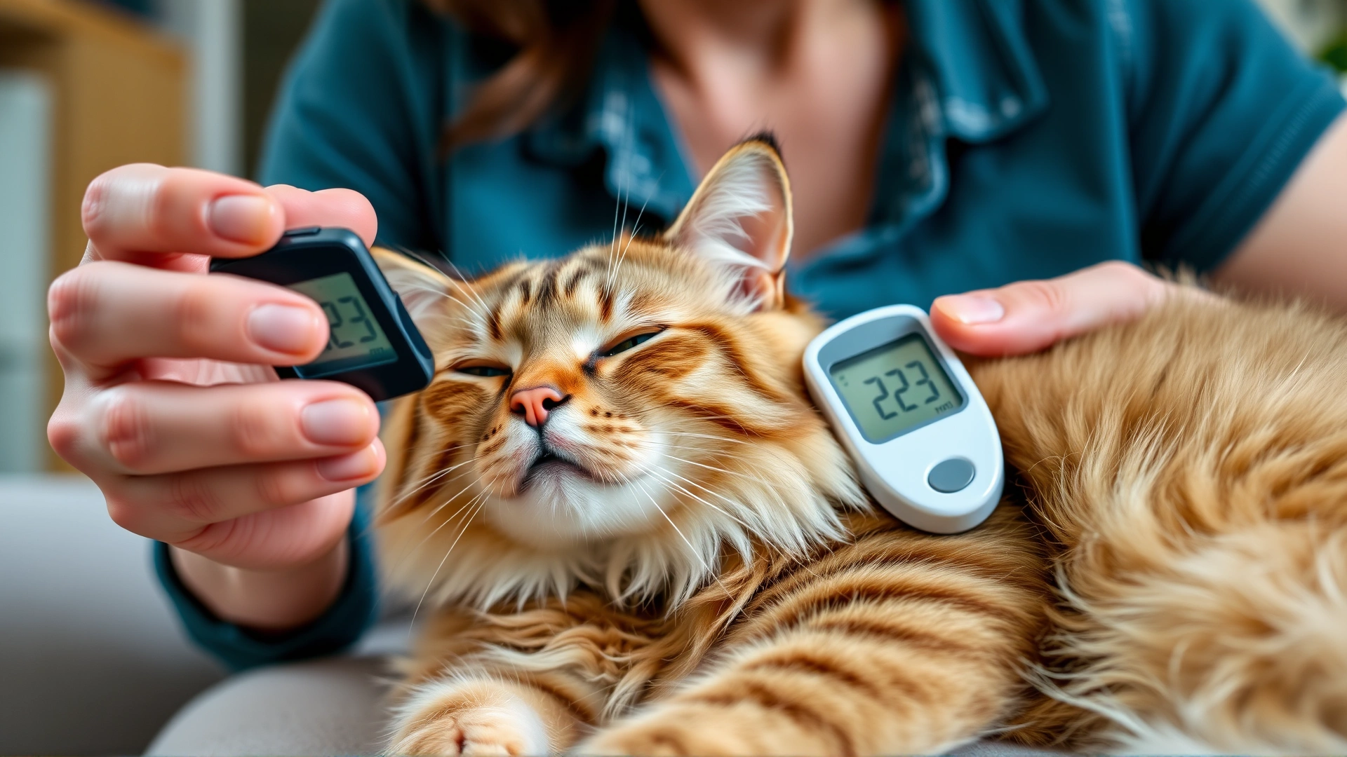 Cat owner holding a digital glucometer next to a relaxed cat at home, demonstrating home blood glucose monitoring