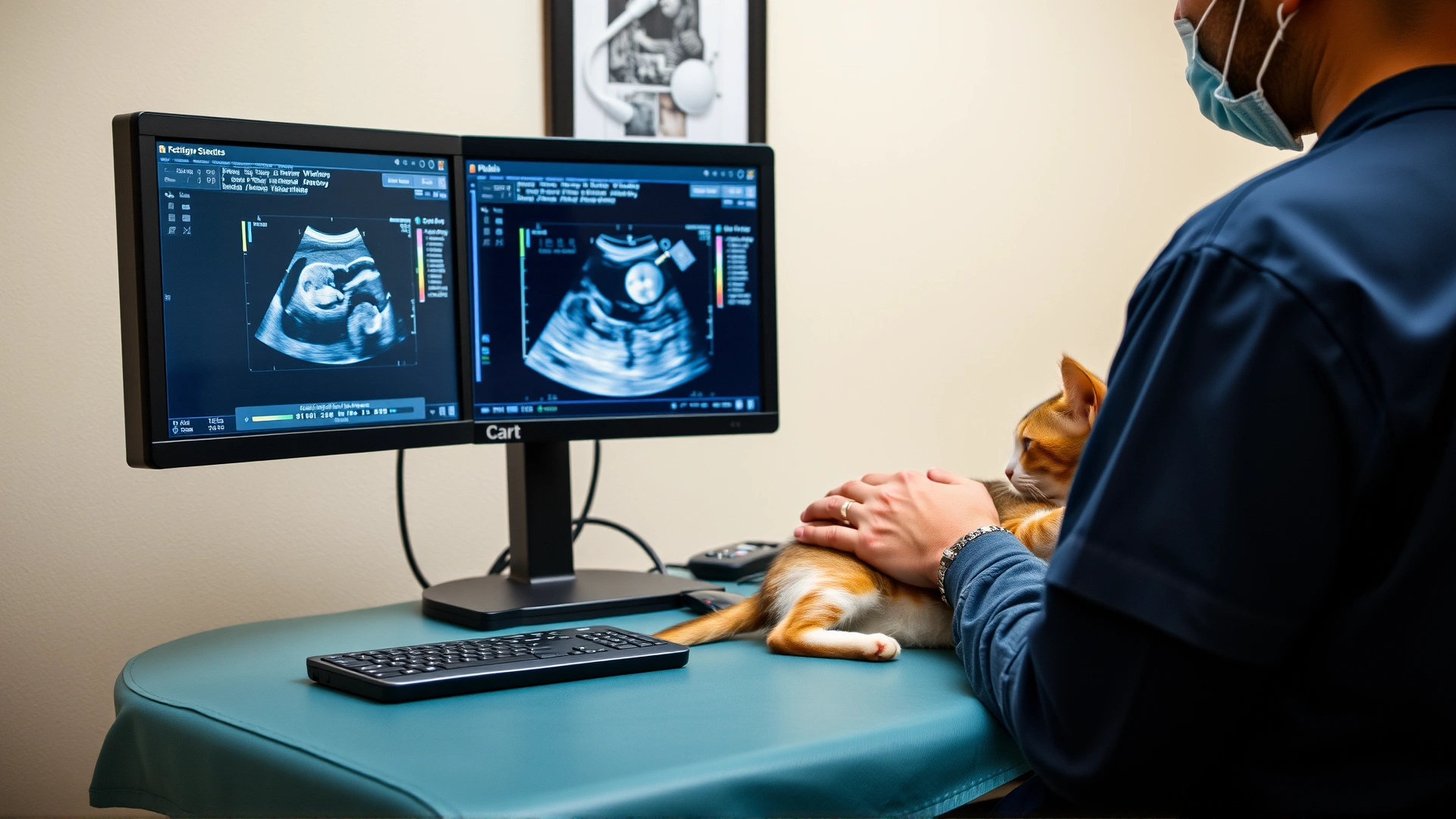 Veterinarian analyzing ultrasound images on a monitor with the cat calmly positioned on the table, illustrating the diagnostic process without readable text.