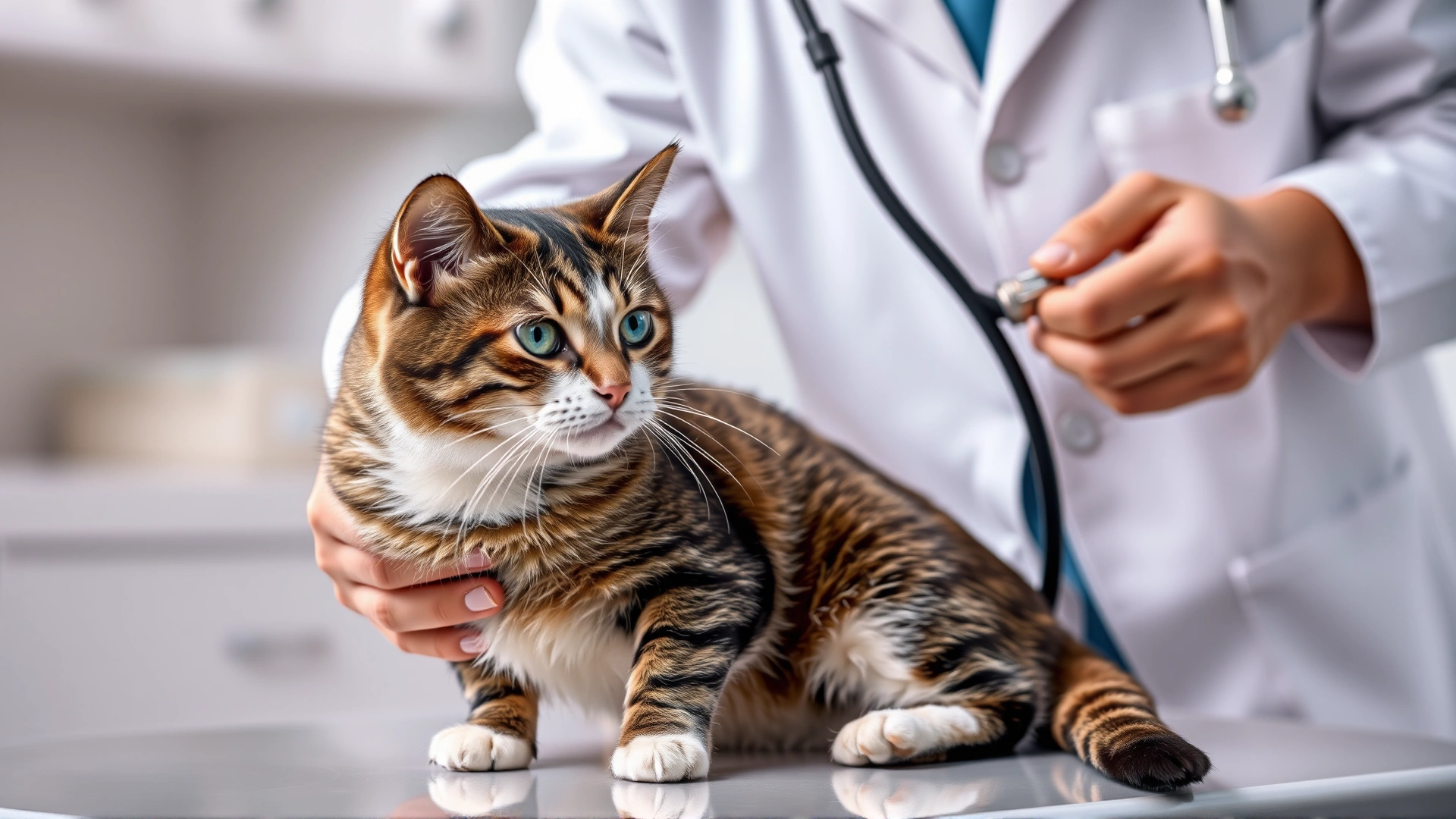 Photo of a veterinarian wearing a white coat gently examining a cat on an exam table with a stethoscope in hand.