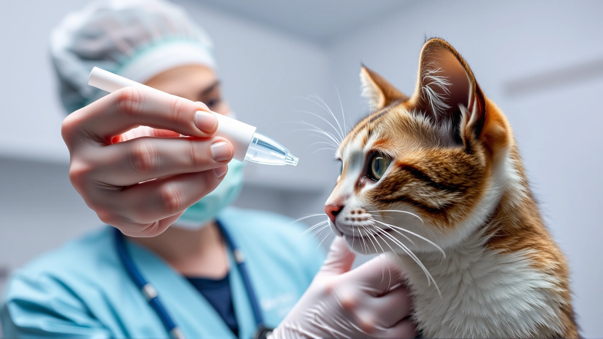 Veterinarian gently applying eye drops to an attentive cat in a bright clinical setting.
